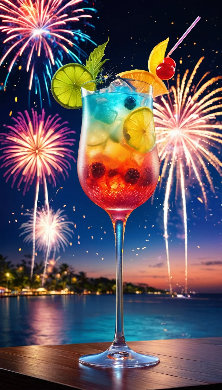 best quality, RAW photo, photorealistic, 2.5D, delicate and dynamic depiction, colorful and delicious cocktail drinks, colorful fireworks in the night sky, advertising promotional photos, beautiful layouts, special effects