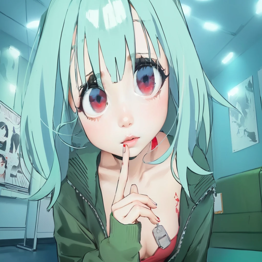 turn this girl into black long hair, straight hair, green eyes, red jacket, red choker.