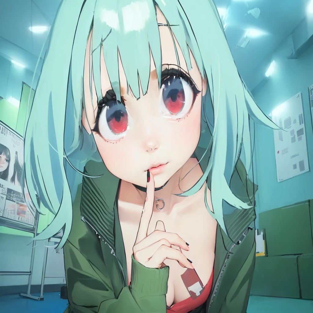 turn this girl into black long hair, straight hair, green eyes, red jacket, red choker.