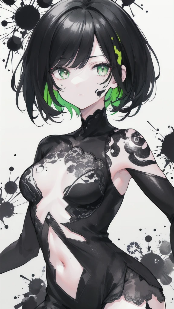 {{{{masterpiece}}}}, {{{Super detailed}}}, {{{High resolution}}}, {{Excellent anatomy}}, (((Highest quality))), ((Very delicate and beautiful)), {{Very detailed and delicate}}, {8k CG wallpaper}, {{figure}},((Ink Painting)) (Grayscale on a colored background:1.1), Raytracing Black Hair,Short Hair,black and green, Bokeh, Black background, (Splattered ink:1.3), One girl, alone, Symbol-shaped pupil,