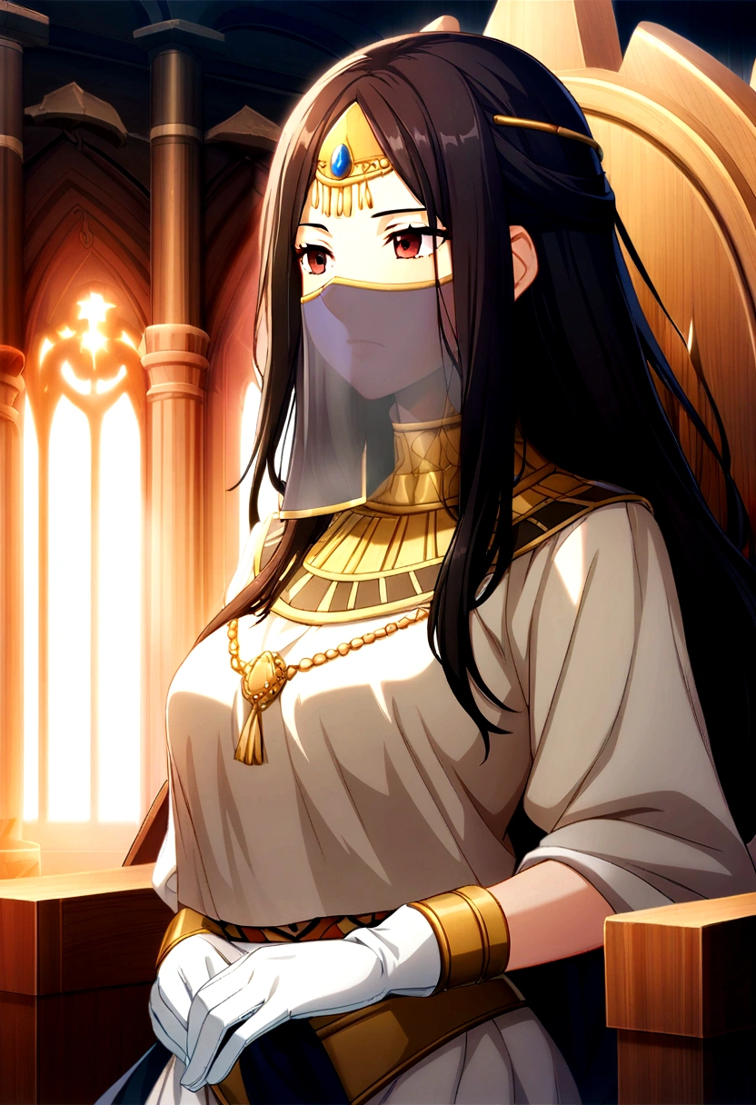 1girl, long hair, dark hair, ancient civilization clothes, white glove, mouth veil, throne background, game cg