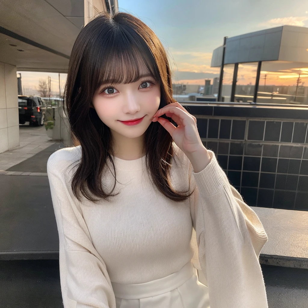Tabletop, Highest quality, shape, Very detailed, finely, High resolution, 8k wallpaper, 完璧なダイナミックな構shape, Beautiful and exquisite,ランダムなcute髪,,Natural color lip, Bold sexy pose,smile、20-year-old girl、cute、Looking into the camera,Always blur the background,Perfect and beautiful face,Slim face and figure,Big eyes、Putting on gal makeup,Small face,Shooting from below、smile,Blurred Background,Elegant feminine face、Cyberpunk Fashion、smile、sunset、Change pose randomly、Randomly change the shooting angle and position