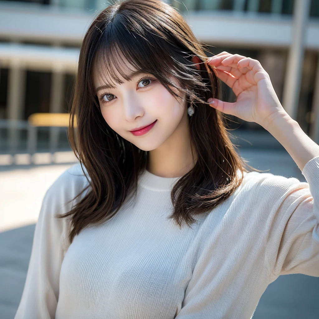 Tabletop, Highest quality, shape, Very detailed, finely, High resolution, 8k wallpaper, 完璧なダイナミックな構shape, Beautiful and exquisite,ランダムなcute髪,,Natural color lip, Bold sexy pose,smile、20-year-old girl、cute、Looking into the camera,Always blur the background,Perfect and beautiful face,Slim face and figure,Big eyes、Putting on gal makeup,Small face,Shooting from below、smile,Blurred Background,Elegant feminine face、Cyberpunk Fashion、smile、sunset、Change pose randomly、Randomly change the shooting angle and position