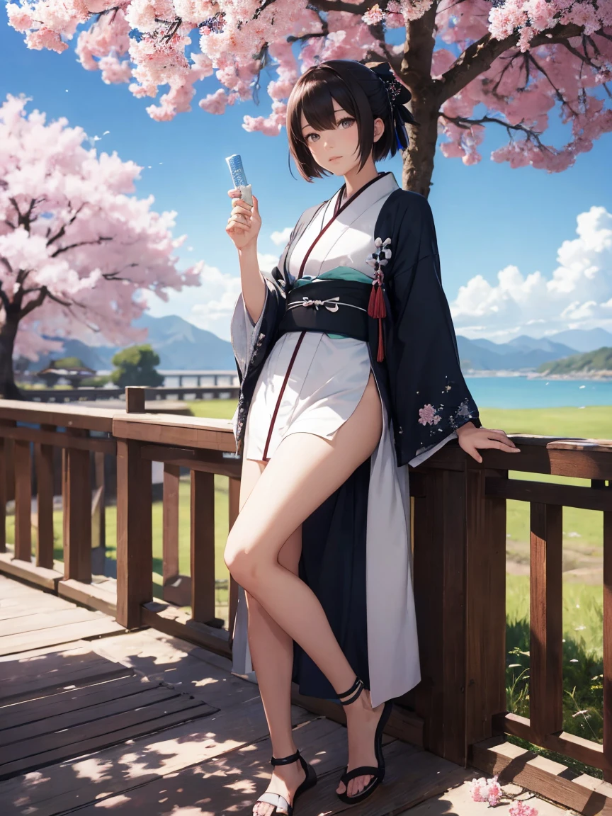 {Extremely detailed 8K wallpaper}, {Masterpiece}, {Best Quality},Alone,full body shot,Okita Souji,short hair, kimono,celestial haori. cherry tree