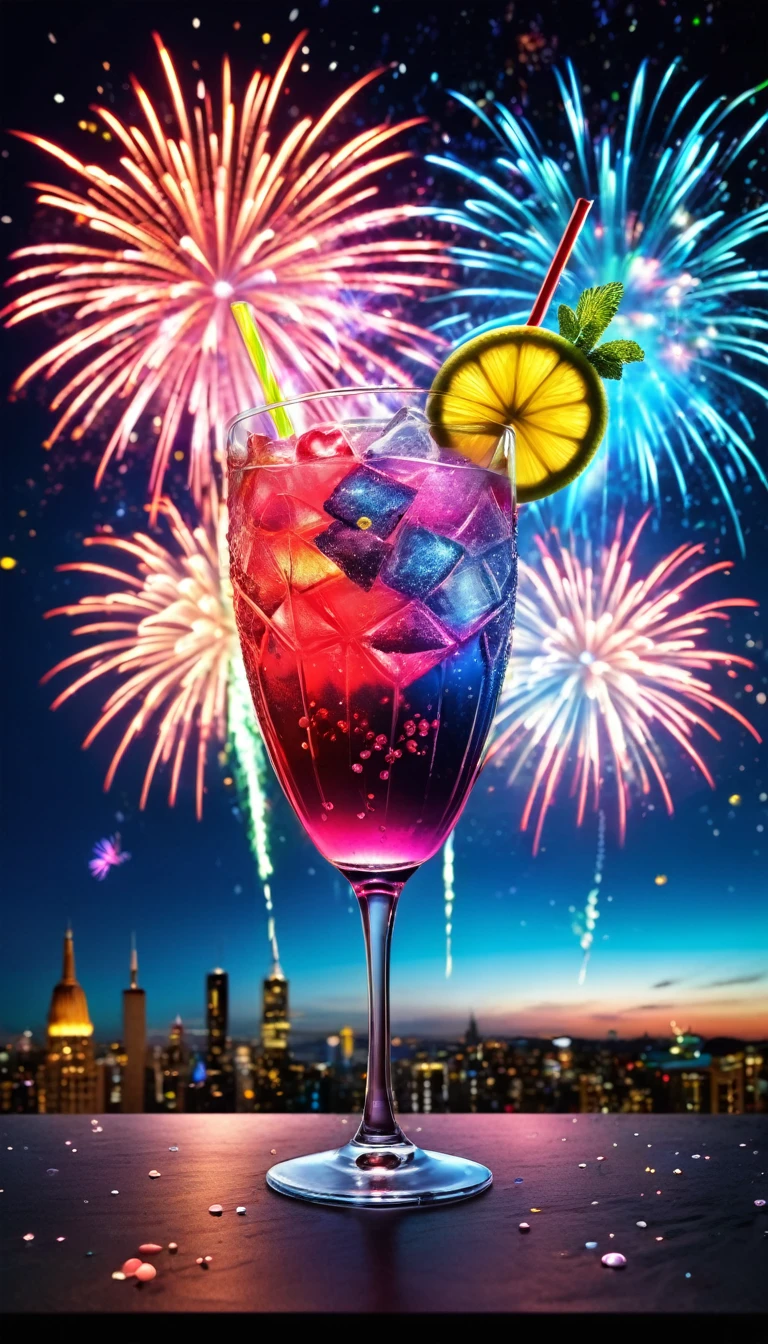 conceptual installation pop art, best quality, RAW photo, photorealistic, 2.5D, delicate and dynamic depiction, colorful and delicious cocktail drinks, colorful fireworks in the night sky, advertising promotional photos, beautiful layouts, special effects