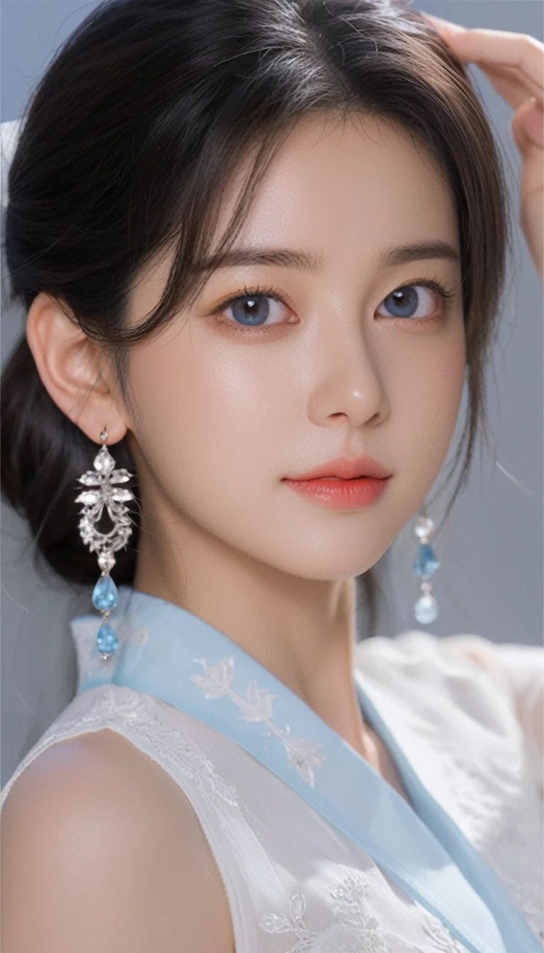 A girl,beautiful girl,Shot from waist to head、,Fine particles, Complete functions, (masterpiece), (best quality), (high quality), Intricate details, earrings, Ray Tracing, (transparent), (Bokeh), (Written border depth), Perfect skin, Happy, Black Hair, (肩より上の長さのBlack Hair),(((Light blue eyes))),