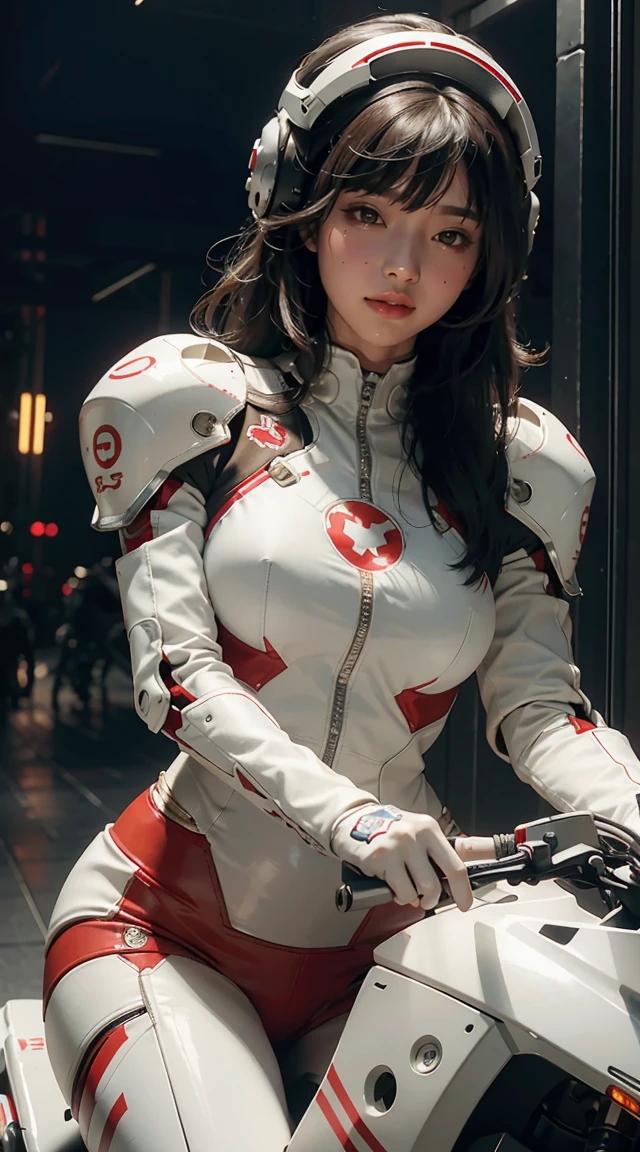 Best image quality, Excellent details, Ultra-high resolution, (realism: 1.4), Best illustrations, Favorite Details, Very condensed one girl, Delicate and beautiful features, Wearing a red and white mecha, Wearing a mecha helmet, Hold the directional controller, Riding on motorcycle, The background is a futuristic city high tech lighting scene.