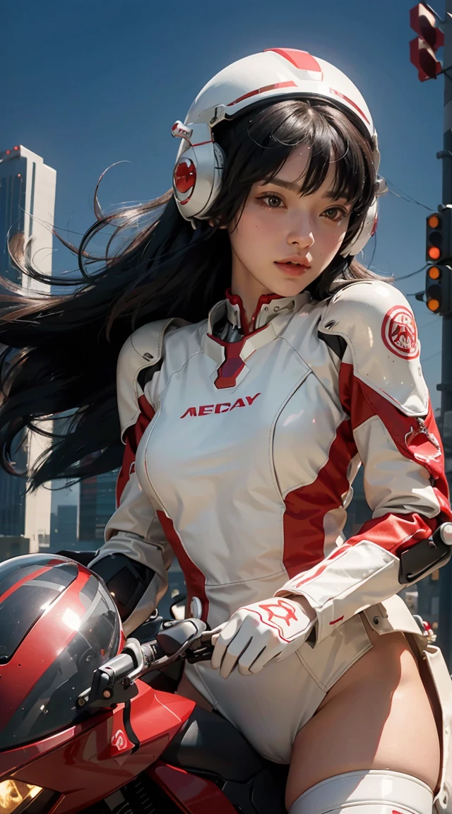 Best image quality, Excellent details, Ultra-high resolution, (realism: 1.4), Best illustrations, Favorite Details, Very condensed one girl, Delicate and beautiful features, Wearing a red and white mecha, Wearing a mecha helmet, Hold the directional controller, Riding on motorcycle, The background is a futuristic city high tech lighting scene.