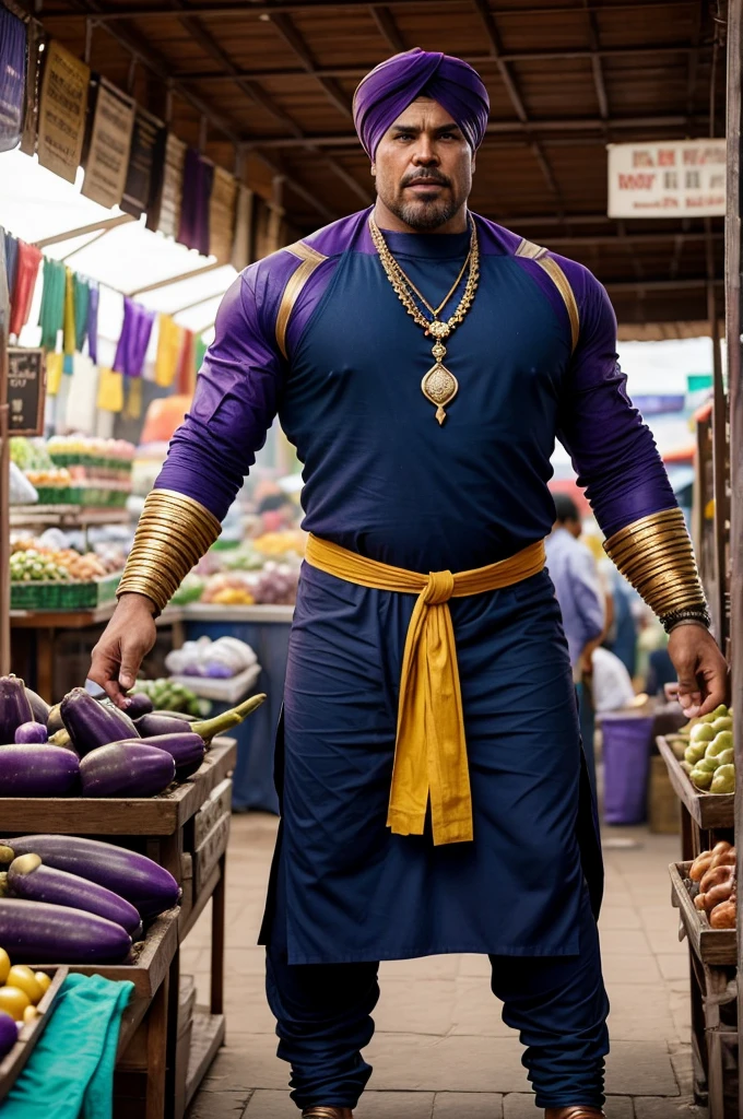 Picture Thanos, the mighty Titan, selling eggplants in a lively Indian market. He's dressed in vibrant traditional Indian attire-kurta, dhoti, and a turban. His imposing figure stands behind a stall brimming with fresh eggplants, surrounded by the rich scents and sounds of the bustling market. Describe the scene, focusing on the contrast between Thanos' presence and his new role. How do locals react, and what humorous or surprising interactions occur?
