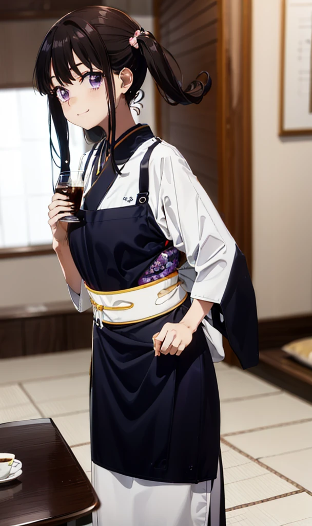 Takiuchikami, Long Hair, bangs, Twin tails, Black Hair, (Purple eyes:1.1),smile,
break japanese clothes, kimono, apron, waist apron, blue kimono, waitress,White tabi,whole body,food, drink, Table Cleaning, tray, tray in one hand
break indoors, hostel,
break looking at viewer, whole body,
break (masterpiece:1.2), Highest quality, High resolution, unity 8k wallpaper, (figure:0.8), (Beautiful attention to detail:1.6), Highly detailed face, Perfect lighting, Highly detailed CG, (Perfect hands, Perfect Anatomy),