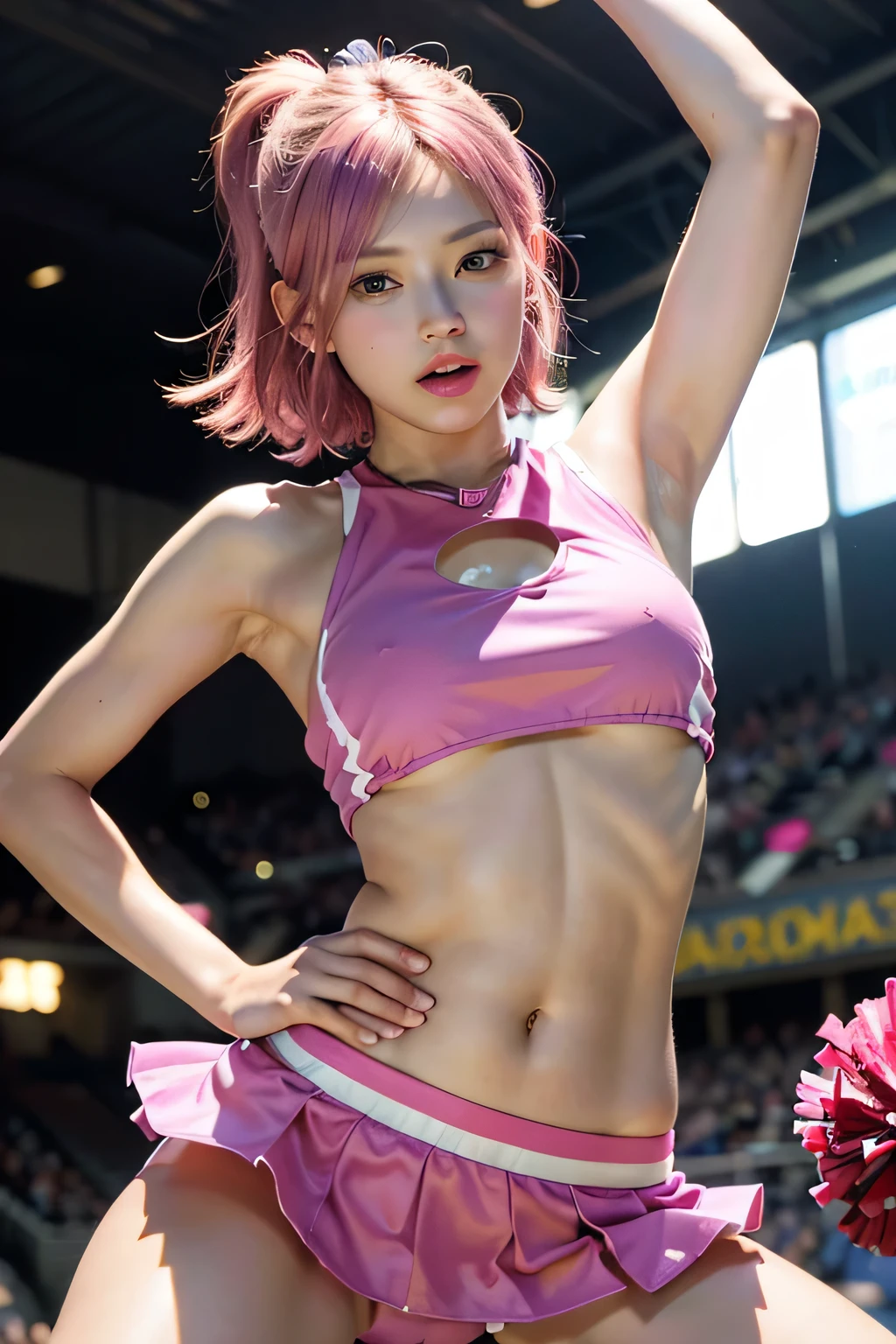 (8K, top-quality, masterpiece:1,2), (reallistic, Photorealsitic:1.37), Super Detail, One girl,), (Highly detailed), (beautifully detailed eyes), (of the highest quality), (super detailed ), (masterpiece), (Detailed face),20yr old, ,1 girl, full body, pink hair,Very short hair, big breasts, clothed, Perfect Lighting, looking at viewer, aroused face, naughty face, underboob, ((panty shot , up-skirt)), cheerleader, cheer, pom-poms, track and field, track and field track, cheerleading, standing,Cheerleaders are cheering with pompoms, one foot is up, navel gazing