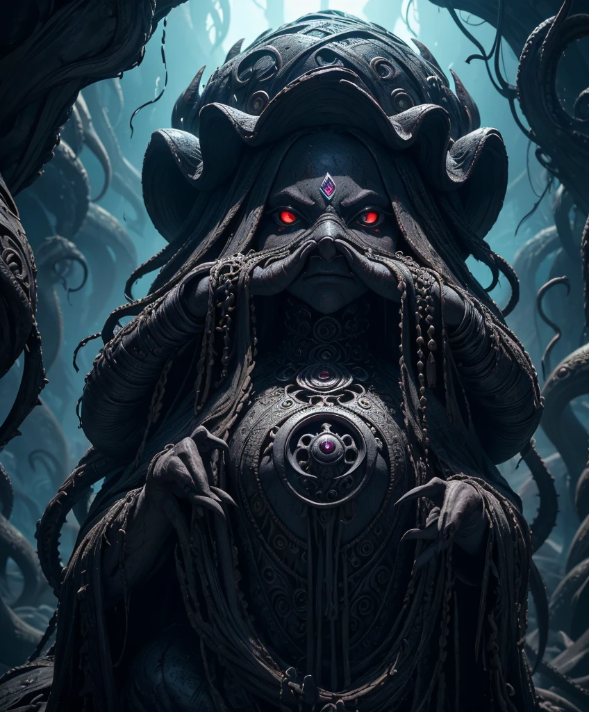 Create a highly detailed and captivating depiction of a dark and mysterious idol, reminiscent of primitive craftsmanship. This eerie and ominous idol is inspired by the esoteric and enigmatic, bearing the visage of a squat and sinister creature with tentacled, squid-like features, and hints of the fearsome Kraken and Cthulhu. The artwork should exude an aura of ancient and eldritch malevolence, drawing viewers into its intricate and eerie design. Emphasize the idol's rugged and ancient texture, featuring intricate carvings, inscriptions, and deep, shadowy crevices that hint at untold secrets. The creature's tentacles should curl and twist with an otherworldly menace, while its grotesque face captures the essence of primal fear. Dark and cryptic symbols may adorn the idol, invoking an aura of dread and mystery. This artwork should be an immersive masterpiece that allows viewers to explore every ominous detail, from the idol's nightmarish form to the malevolent intent it represents. Ensure that the play of light and shadow, along with fine attention to texture, brings out the idol's unique, unsettling character. With the utmost precision and complexity, this piece should convey the sense of an artifact seeped in eldritch powers and foreboding knowledge, perfect for the world of Dungeons & Dragons.
