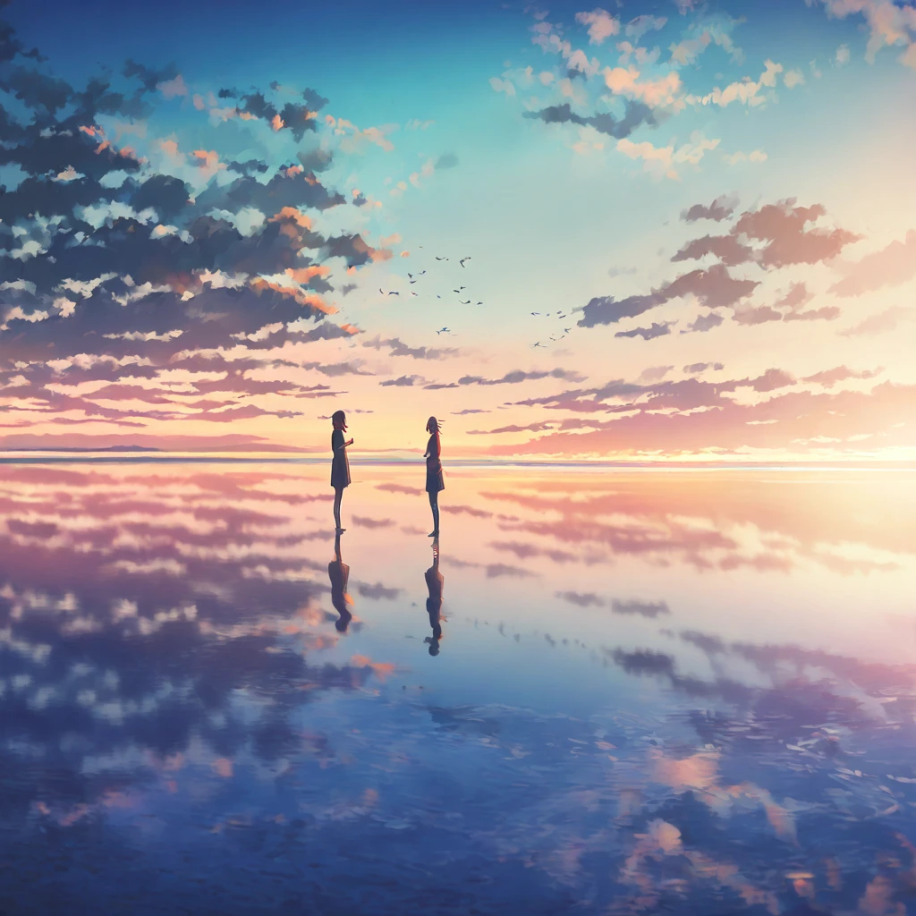 1girl, beach, bird, blue sky, cloud, cloudy sky, condensation trail, day, hill, horizon, mountain, mountainous horizon, ocean, outdoors, scenery, shore, sky, solo, sunrise, sunset, twilight, water, waves, wind, 