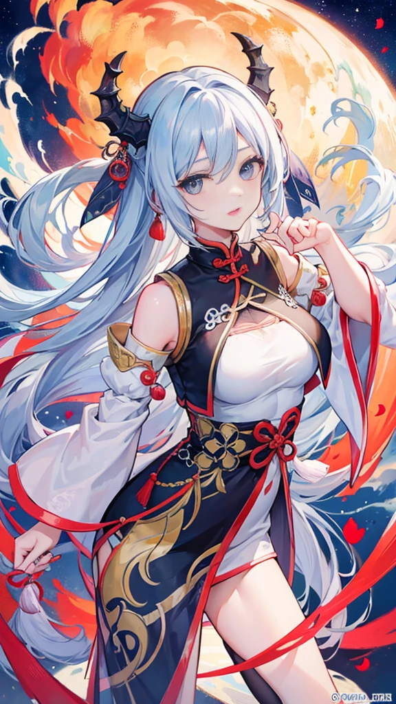 One girl with long hair, white hair, (blue inner hair:1.25) , purple eyes, looking at viewer, blushing, embarrassed, little smile, (embarrassed:1.2), chinese dress, flower pattern, sleeveless, outdoor, festival, temple, slim, dizzy, mid-chest, wide hips, perfect waist, day atmosphere, hair ornament, bare legs, sitting, kneeling pose