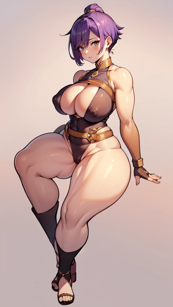 (masterpiece), best quality, female warrior, huge girl, female muscular:1.2, (curvy:1.7), (((blank background))), ((full body)), fingerless gloves, sandals, sleeveless, covered nipples, ((buzzcut hairstyle)), purple hair, hair over eyes, ((very big legs:1.4)), ((camel toe)), (cleavage)