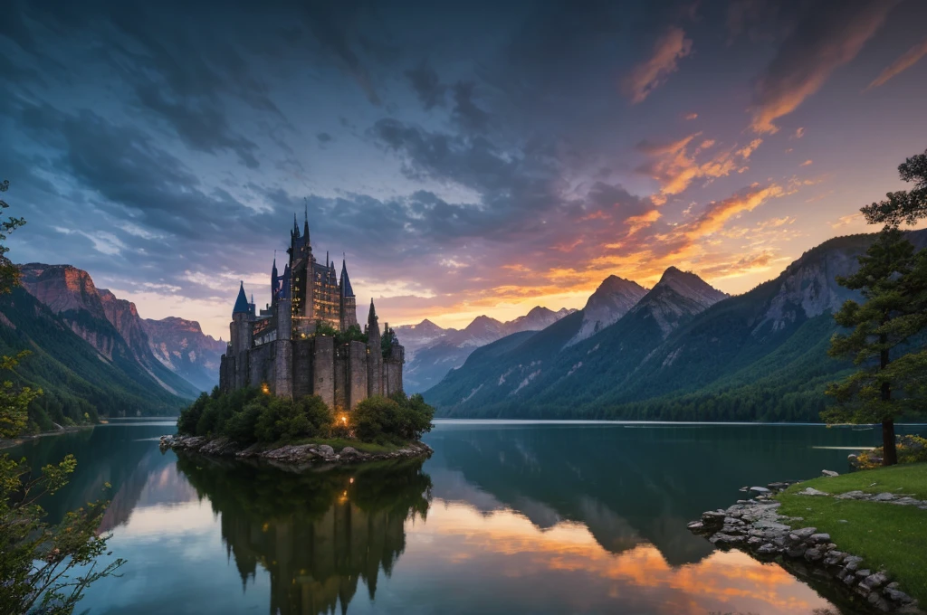 masterpiece, best quality, high quality, Extremely detailed CG Unity 8K wallpaper, landscapes, perfect reflection, stunning water surfaces. outdoor, Sky, cloud, dusk, no humans, castle, Gothic, Mountain, landscape, water, trees, blood moon, waterfall, cliff, nature, lake, river, cloudy Sky, Detail enhancement, Detail enhancement, no defects. Award-winning photography, Bokeh, depth of field, high dynamic range, bloom, Color difference, photorealism, Very detailed, complex, high detail, dramatic, Castlevania,