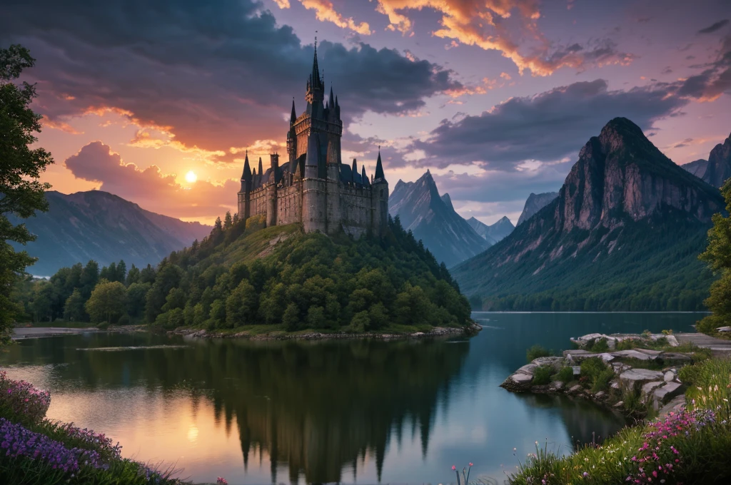 masterpiece, best quality, high quality, Extremely detailed CG Unity 8K wallpaper, landscapes, perfect reflection, stunning water surfaces. outdoor, Sky, cloud, dusk, no humans, castle, Gothic, Mountain, landscape, water, trees, blood moon, waterfall, cliff, nature, lake, river, cloudy Sky, Detail enhancement, Detail enhancement, no defects. Award-winning photography, Bokeh, depth of field, high dynamic range, bloom, Color difference, photorealism, Very detailed, complex, high detail, dramatic, Castlevania,