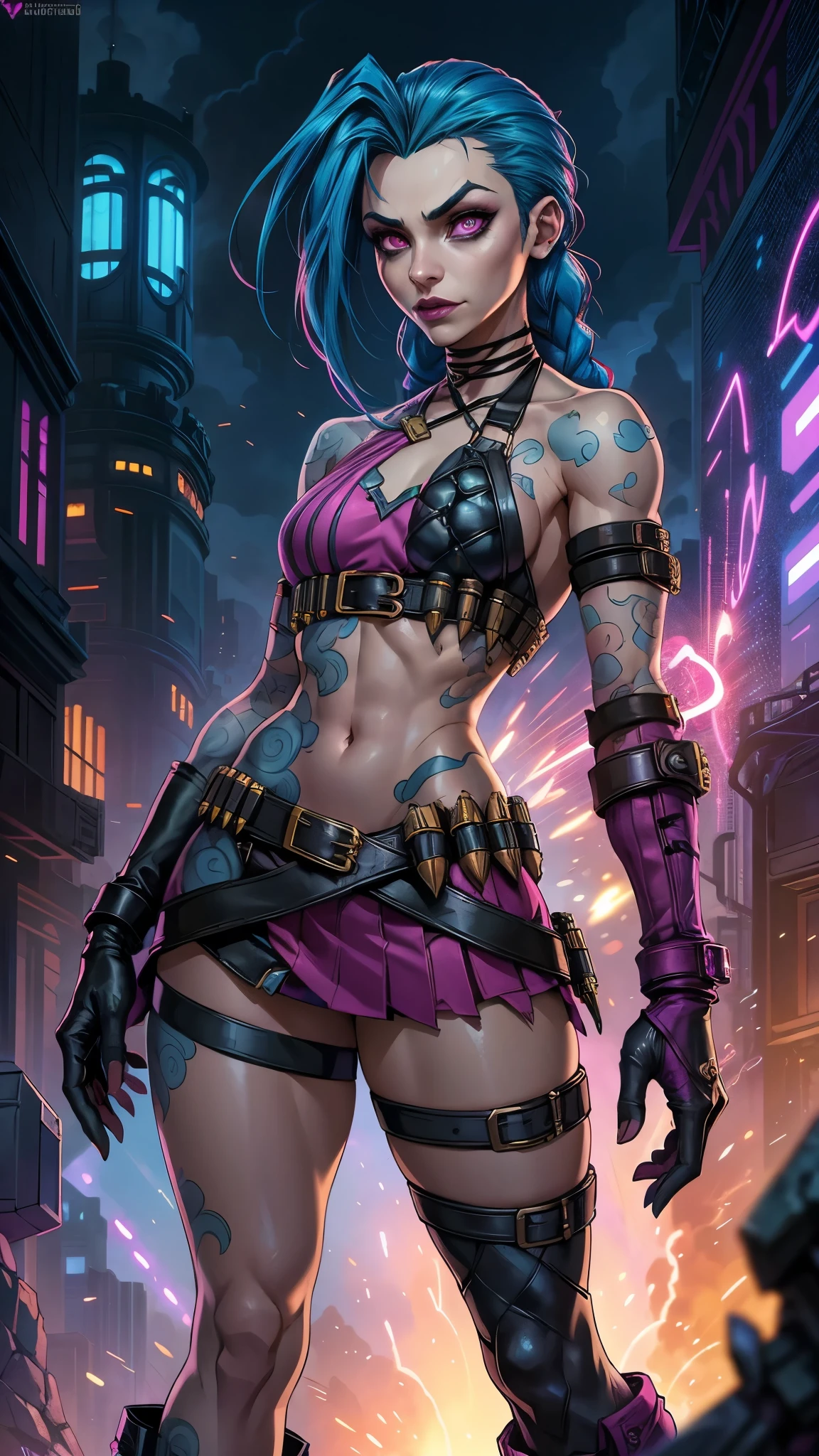 jinx arcane, uma mulher com hair blue e tatuagens, cyberpunk woman anime woman,(mini skirt pink :1.4) ,hyper detailed,extremely detailed,High contrast,Masterpiece,realist,ultra detailed, intricate details,realistic wet leather,extremely intricate,Epic realist, pants, Beautiful angry cyberpunk goddess, cyberpunk artstyle, cyberpunk anime digital art, cyberpunk anime art, Arcane Jinx Retrato, cyberpunk anime art, cyberpunk themed art, cyberpunk dark fantasy, arcane style, 1 girl, cloud tattoo on the arm, asymmetrical bangs, bangss, hair blue, blue braids, brown shirt, cloud tattoo, sideways, hair blue, long hair, pink eyes, Red lips, standing , cloud tattoo, Twin braids. Arcane Jinx. Jinx in a burning place, spark, spheres of light, Film Poster, Jinx, Arcane\(league of legends\, Epic Fantasy Art Style HD, 4K fantasy art, epic fantasy digital art style, epic fantasy art style, Fantasy Woman, epic fantasy art portrait, Epic fantasy style, hyperrealistic fantasy art, hd fantasy art, Epic fantasy character art, epic fantasy art, in style of dark fantasy art, epic fantasy digital art, ,(Fondo de ruinas de mazmorra en ruinas:1.4 ),( face detailed :1.4), (anatomía perfecta :1.4),( iluminación cinematográfica :1.4), (Jinx League of legends:1.4), More detailed 8K.motor irreal:1.4,UHD,La mejor calidad:1.4, fotorrealista:1.4, textura de la piel:1.4, obra maestra:1.8,obra-prima, mejor calidad,objeto Objeto], (detailed face features:1.3),(Las proporciones correctas),(Ojos hermosos azules),  (pose vaquero)