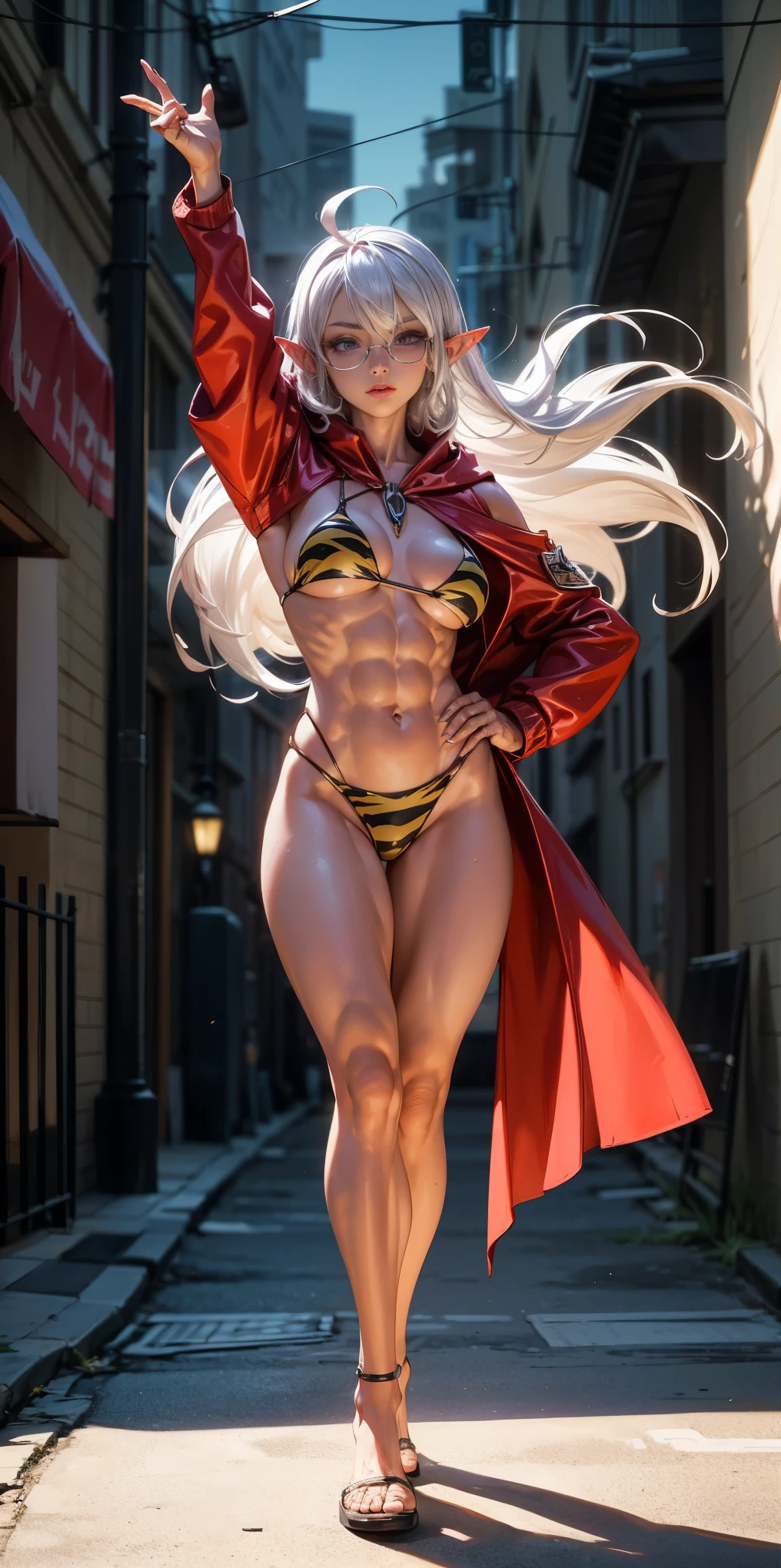 Subject:
1 Solo Female Drow Elf
Physical Description:
Purple Skin
Long White Hair
Strong Body with Abs
Shiny Skin (Ultra Quality)
Attire:
Yellow Tiger Bikini (underneath)
Red Cape (flowing)
Pose:
Standing Pose
Background:
Cinematic Street Scene (Atmospheric, 8K)
Additional Notes:
Red sunglasses