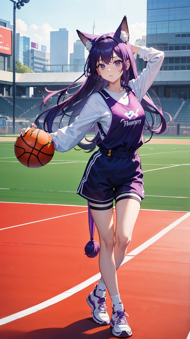 (Highest quality), (masterpiece), 1 Girl,Purple Hair,long hair,Fox Ears,Adult women,彼女はrunningしながらジャンプしている,running,Outdoor Basketball Court, She is wearing a suspender top, Fair skin, sunny, Full body photo,(Bright Eyes), (Iris),Very detailed,(single), sweet, Open background,Simple Background