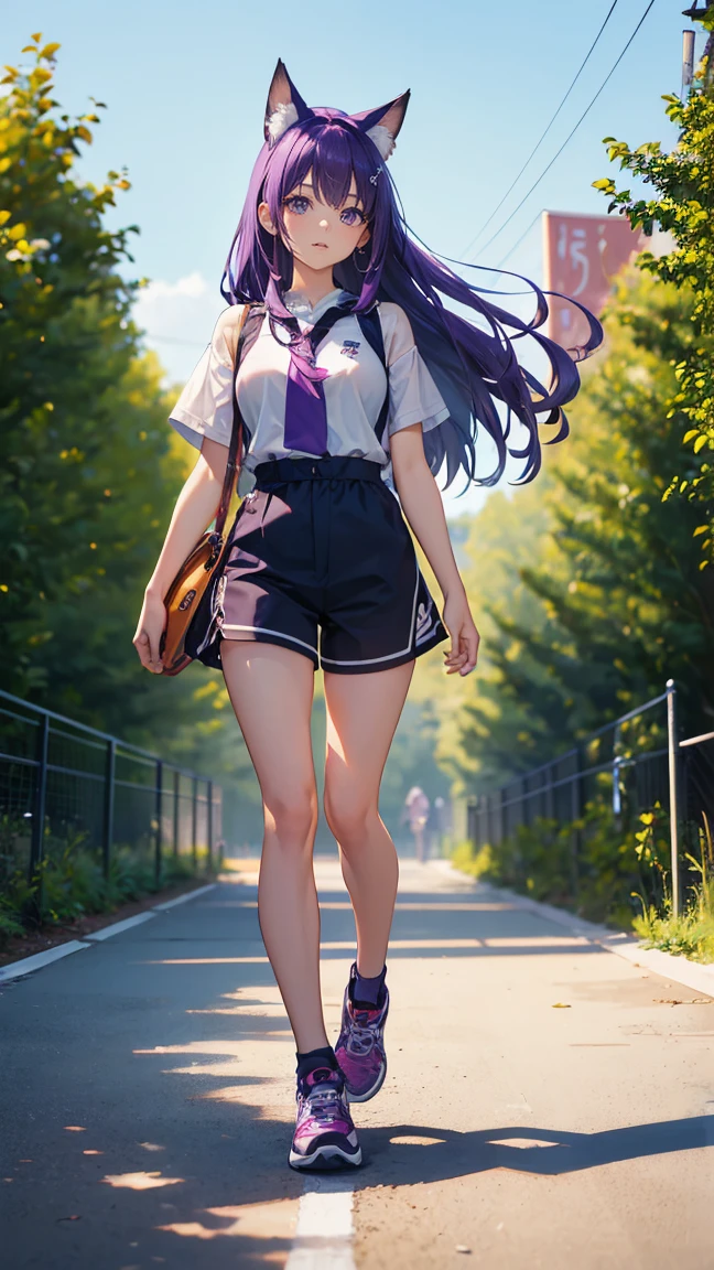 (Highest quality), (masterpiece), 1 Girl,Purple Hair,long hair,Fox Ears,Adult women,彼女はrunningしながらジャンプしている,running,Outdoor Basketball Court, She is wearing a suspender top, Fair skin, sunny, Full body photo,(Bright Eyes), (Iris),Very detailed,(single), sweet, Open background,Simple Background
