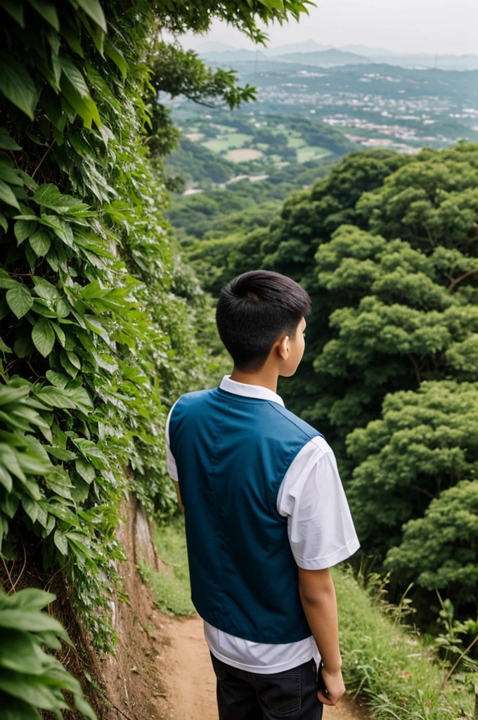 16 year old asian boy looking at the greenery view from hill