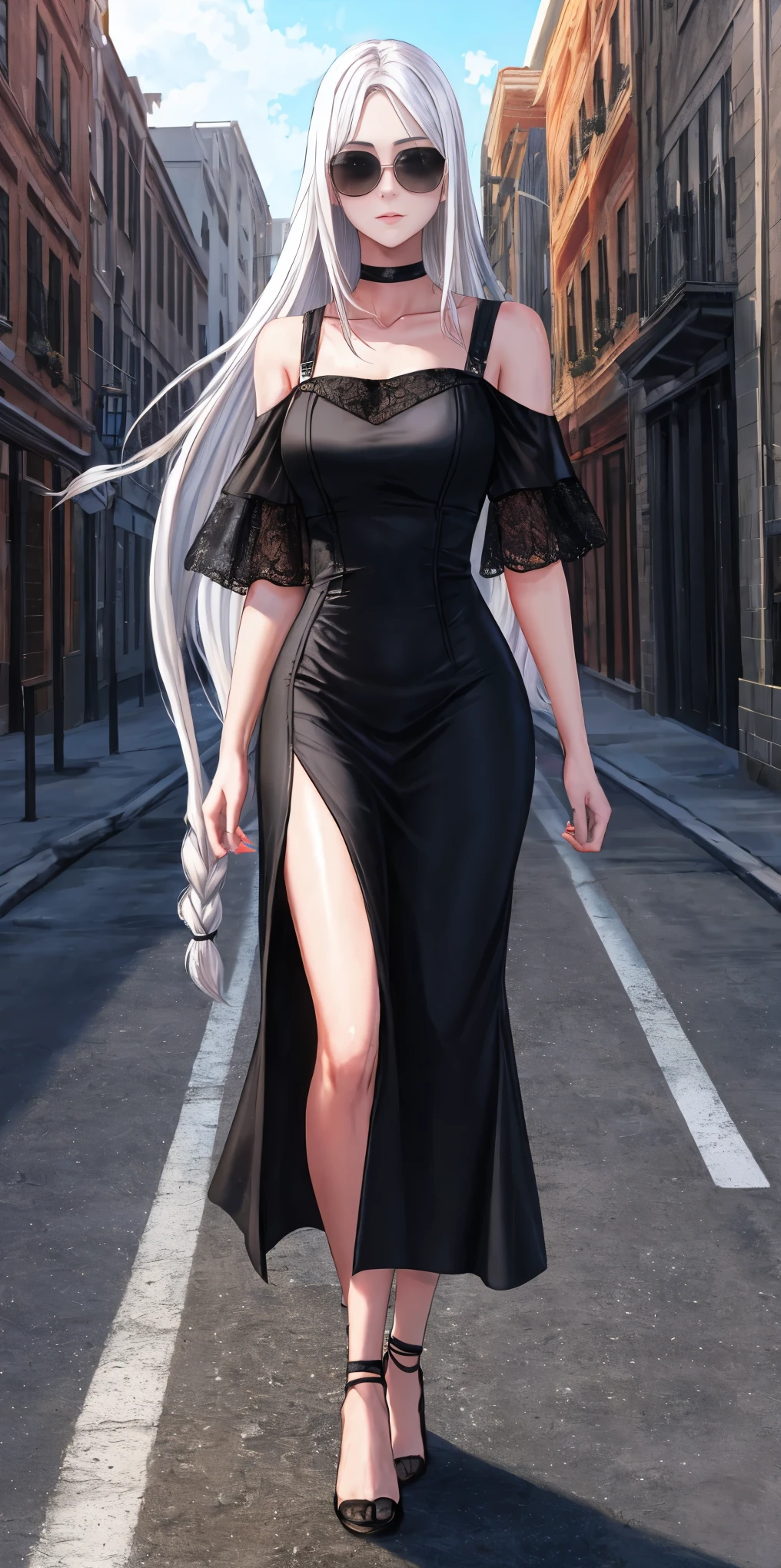 Ultra Quality, Shiny Skin, Atmospheric, 8K, Cinematic ((Street background)) BREAK ((Long White Hair)) narrowed black eyes, long black dress, fingers crossed, sunglasses