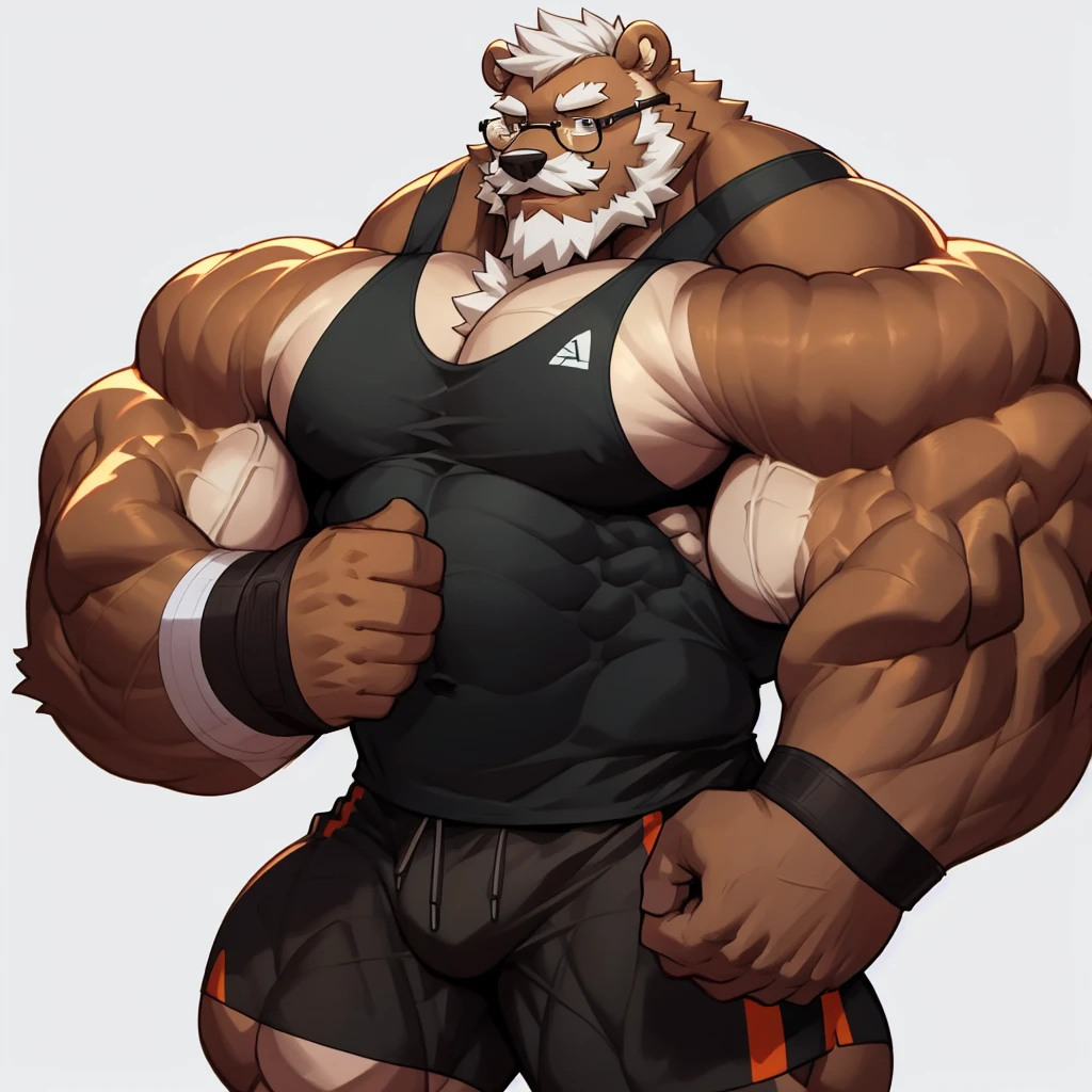 solo, 1boy, Huge Muscular Old Grizzly Bear wearing glasses , pectoral, huge pectoral, wide pectoral, short white hair, black shorts, black wristbands and black tank top, bearded, Mustache, simple background, masterpiece, high detailed, 8k, high resolution, at the gym, flexes huge muscles