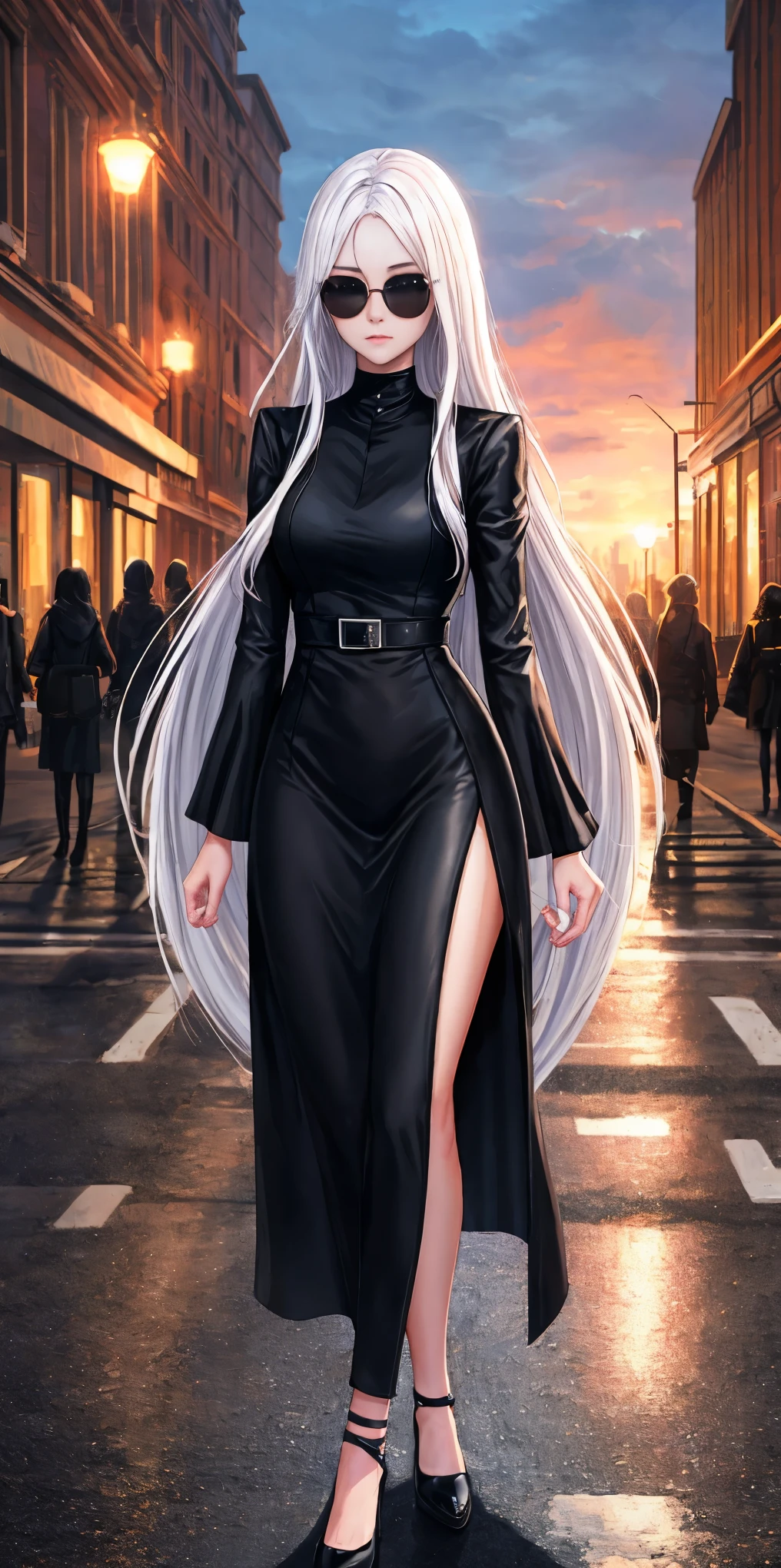 Ultra Quality, Shiny Skin, Atmospheric, 8K, Cinematic ((Street background)) BREAK ((Long White Hair)) narrowed black eyes, long black dress, fingers crossed, sunglasses