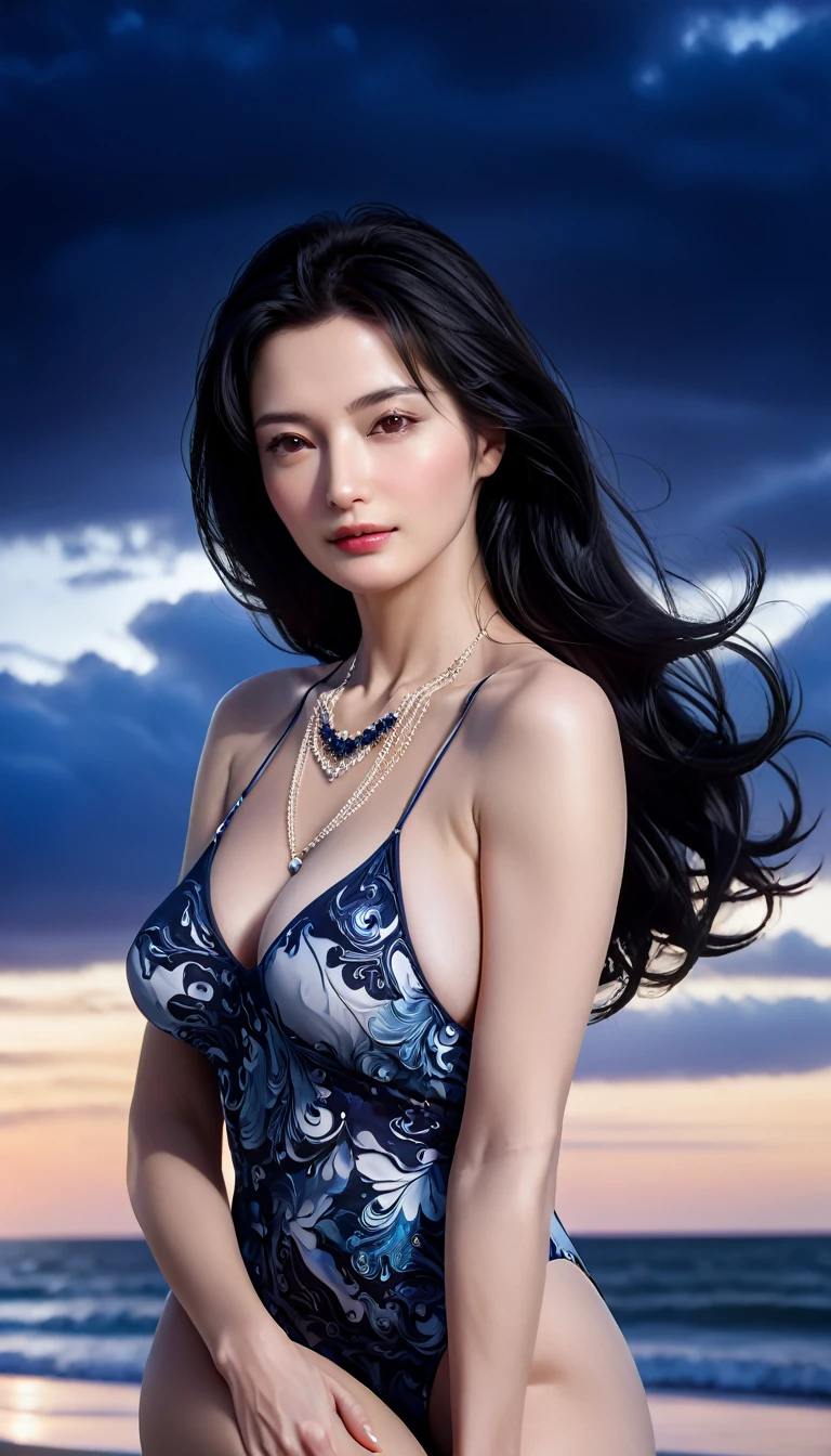 ((Masterpieces with up to 16K resolution:1.6)),Highest quality,it is really amazing,Very detailed,Ultra-high resolution,(Real:1.5),(Realistic:1.5),Increased depth of field,Cinematic Light,
Elegant mature woman,
Long black hair,(Exquisitely detailed face:1.5),Face with a gentle expression,Translucent white skin,Very sensitive skin,Great proportions,Anatomically correct body,
Elegant high leg swimsuit,Artistic design,Beautiful and detailed pattern,Detailed fabric texture,Gorgeous necklace,
Coastal landscape at dusk,Dark clouds and dark sky,delay々Continuing sandy beach, Deserted Beach,Dark sea surface,
(Cinematic Angle:1.5),