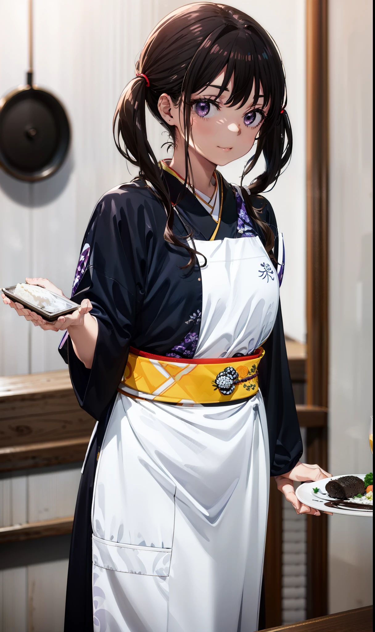 Takiuchikami, Long Hair, bangs, Twin tails, Black Hair, (Purple eyes:1.1),smile,
break japanese clothes, kimono, apron, waist apron, blue kimono, waitress,White tabi,whole body,food, drink, Table Cleaning, tray, tray in one hand
break indoors, hostel,
break looking at viewer, whole body,
break (masterpiece:1.2), Highest quality, High resolution, unity 8k wallpaper, (figure:0.8), (Beautiful attention to detail:1.6), Highly detailed face, Perfect lighting, Highly detailed CG, (Perfect hands, Perfect Anatomy),