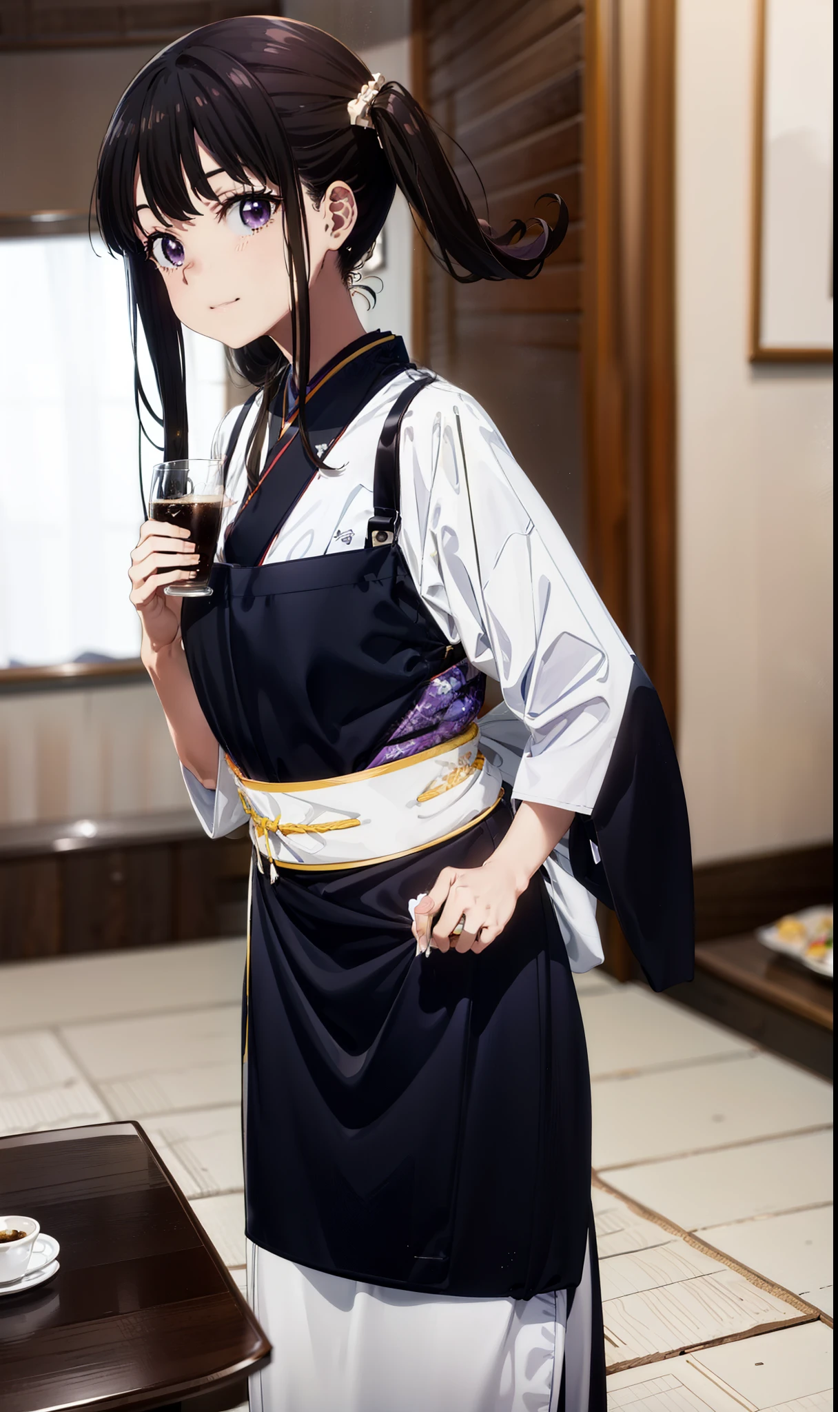 Takiuchikami, Long Hair, bangs, Twin tails, Black Hair, (Purple eyes:1.1),smile,
break japanese clothes, kimono, apron, waist apron, blue kimono, waitress,White tabi,whole body,food, drink, Table Cleaning, tray, tray in one hand
break indoors, hostel,
break looking at viewer, whole body,
break (masterpiece:1.2), Highest quality, High resolution, unity 8k wallpaper, (figure:0.8), (Beautiful attention to detail:1.6), Highly detailed face, Perfect lighting, Highly detailed CG, (Perfect hands, Perfect Anatomy),