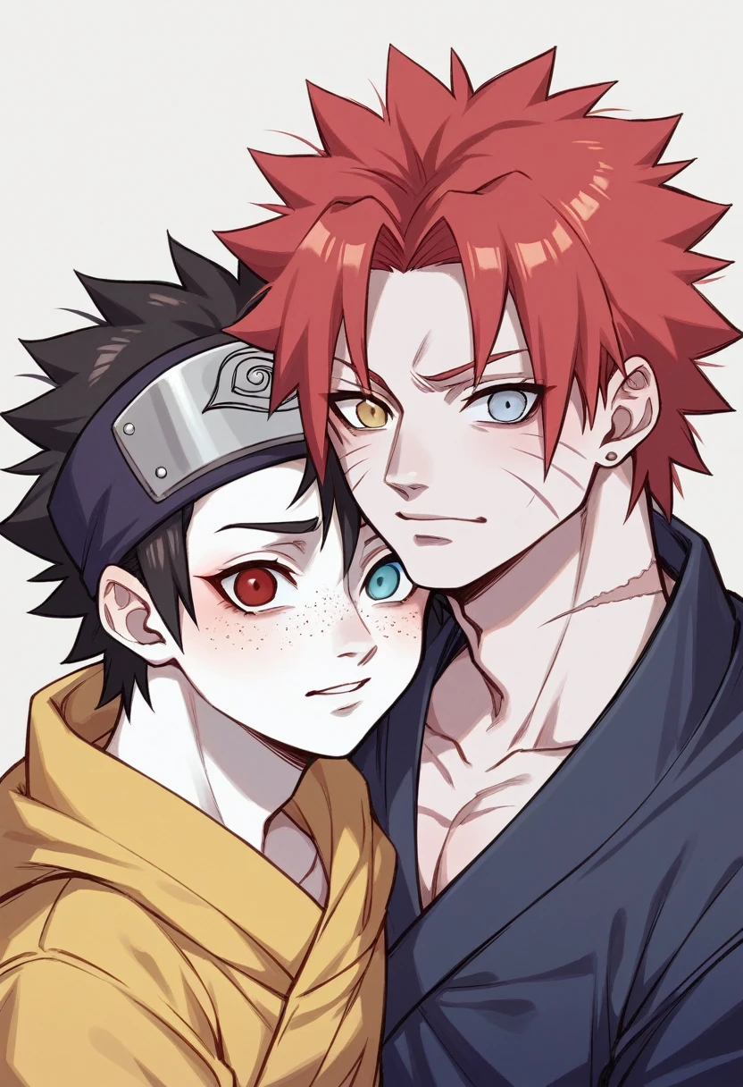 believes naruto oc, with the appearance of a 27-year-old woman next to a -yeld nao, with reddish hair, freckles, with heterochromia and one being honey and the other reddish, white skin with too many moles on the body, jounin uniform, and with a scar on his lip, eye, eyebrow and cheek.
