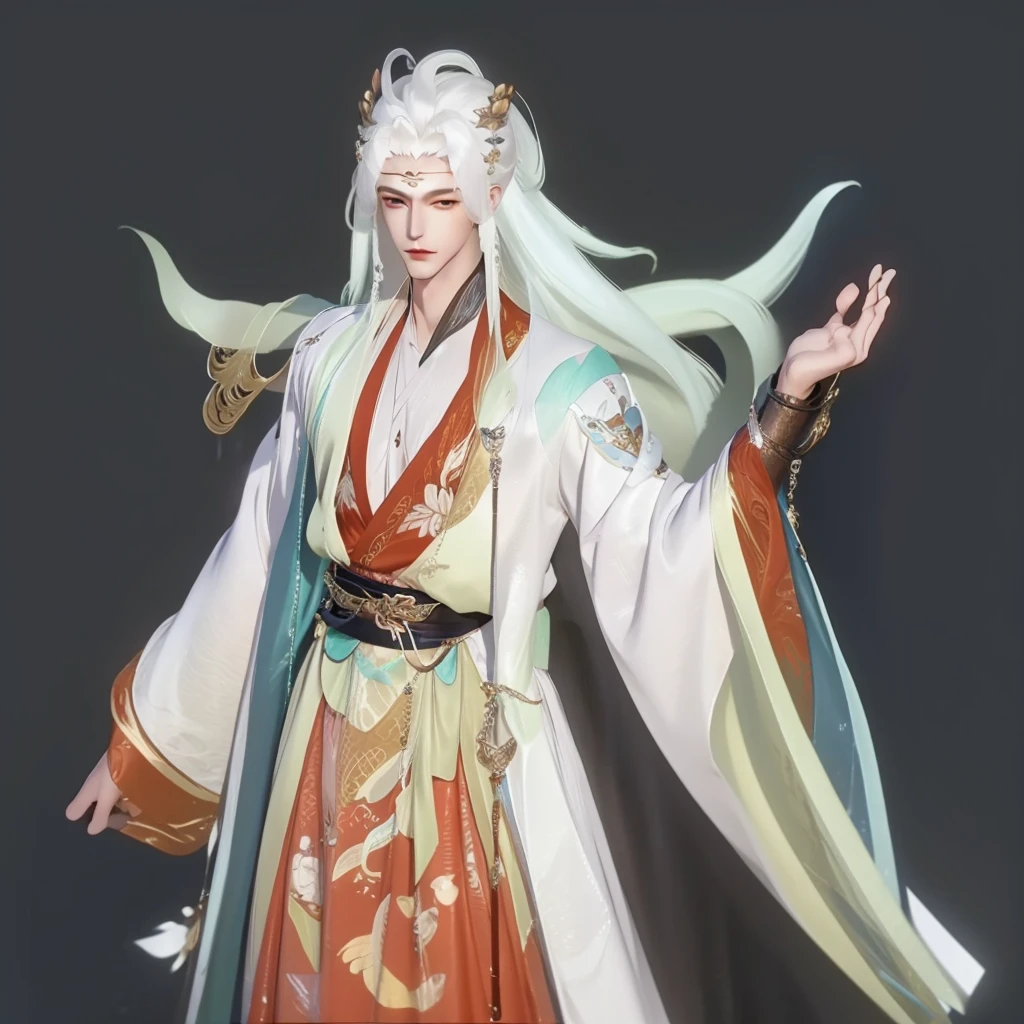 A man,a boy,Men from Dunhuang:1.5,Man with white hair,Chest muscles,Black base layer with gold outline,clothing,Gold headdress,White and green hair draped over shoulders,Metal Clothes,Metal Clothing,Metal pattern,((best quality, 8K, masterpiece:1.3)), Key Points: 1.2, Perfect body beauty: 1.4, , Highly detailed face and skin texture, , (Residence: 1.3), , Gu Weiss, Gurwitz-style artwork, , author:Yang Jie, Epic and beautiful character art, Stunning character art, author:Fan Qi, by Wuzhun Shifan, pixiv art station 街道 Gu Weiss, , Strong sense of detail and layering, rich and colorful, Has a unique texture, rich and rich and colorful, color, vivid, Design Art, 16K, Very detailed, {{illustration}}, {Extremely refined}, {Exquisite surface treatment}, Very detailed, Delicate and shining eyes, {{light}}, 极端light效果, Model: realism, CFG size: 12, Laura: Bright texture (1.35), high quality, masterpiece, Exquisite facial features, Delicate hair depiction, Detailed depiction of the eyes, masterpiece, best quality, Ray Tracing, Extremely detailed CG unified 8K wallpaper, masterpiece, best quality,