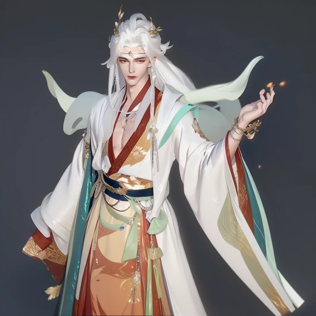 A man,a boy,Men from Dunhuang:1.5,Man with white hair,Chest muscles,Black base layer with gold outline,clothing,Gold headdress,White and green hair draped over shoulders,Metal Clothes,Metal Clothing,Metal pattern,((best quality, 8K, masterpiece:1.3)), Key Points: 1.2, Perfect body beauty: 1.4, , Highly detailed face and skin texture, , (Residence: 1.3), , Gu Weiss, Gurwitz-style artwork, , author:Yang Jie, Epic and beautiful character art, Stunning character art, author:Fan Qi, by Wuzhun Shifan, pixiv art station 街道 Gu Weiss, , Strong sense of detail and layering, rich and colorful, Has a unique texture, rich and rich and colorful, color, vivid, Design Art, 16K, Very detailed, {{illustration}}, {Extremely refined}, {Exquisite surface treatment}, Very detailed, Delicate and shining eyes, {{light}}, 极端light效果, Model: realism, CFG size: 12, Laura: Bright texture (1.35), high quality, masterpiece, Exquisite facial features, Delicate hair depiction, Detailed depiction of the eyes, masterpiece, best quality, Ray Tracing, Extremely detailed CG unified 8K wallpaper, masterpiece, best quality,