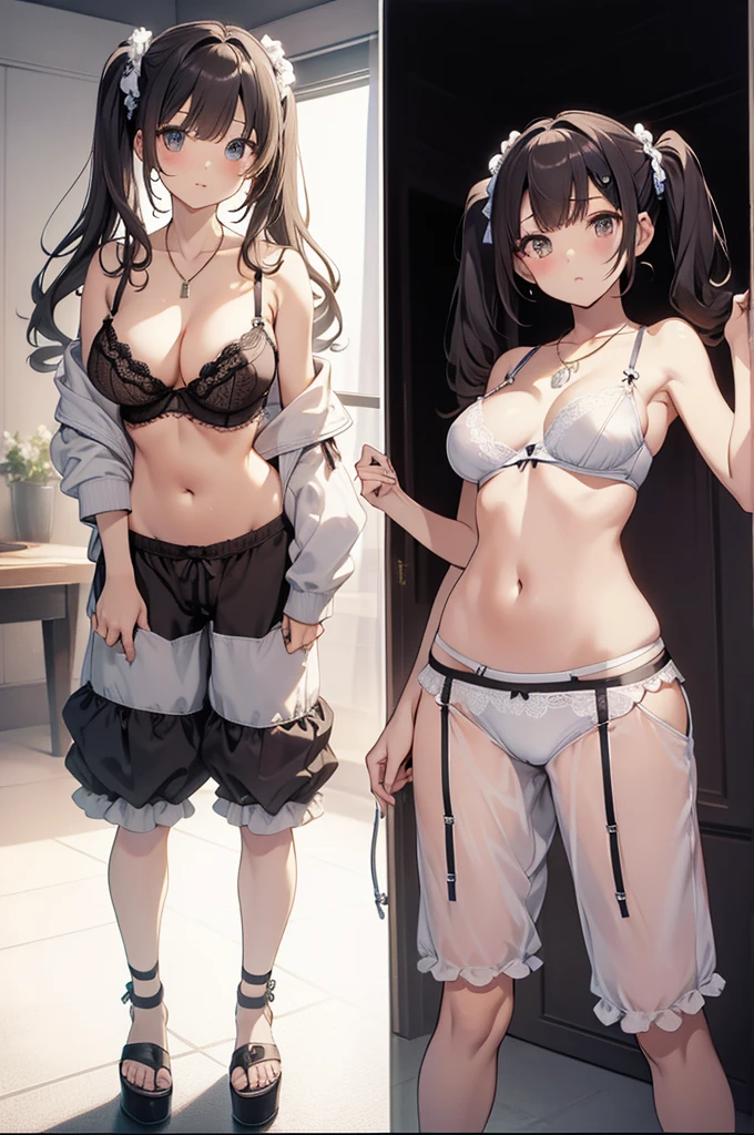 masterpiece, Highest quality, Cute Mature Woman,Small breasts that are just beginning to grow, Scrunchie hair ornament, Twin tails,Large areola,Nipples,hoodie,necklace, skinny , Nipples,(Nipplesが透けて見える)), (good:1.3), (lingerie,Culottes:1.3),Nylon Fabric