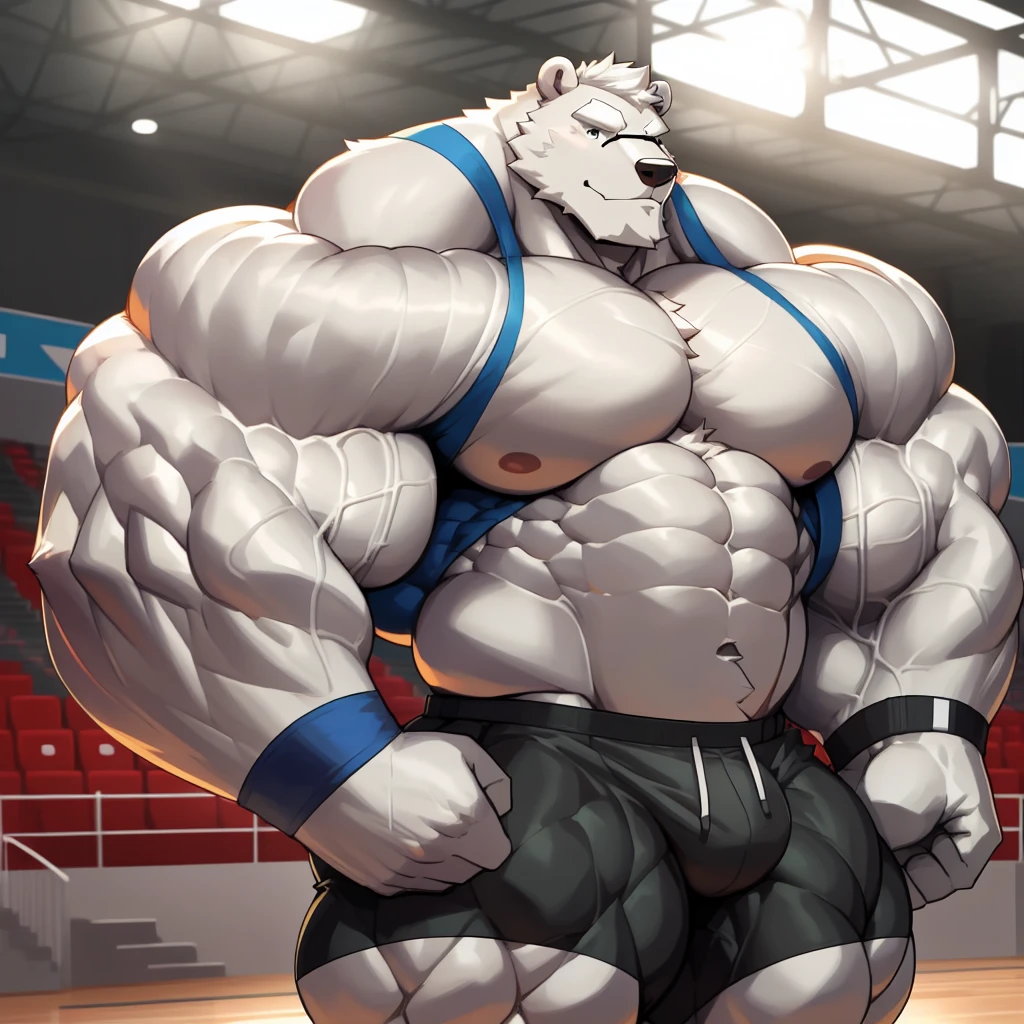 solo, 1boy, Huge Muscular White Polar Bear wearing glasses, huge white fur, pectoral, huge pectoral, wide pectoral, short white hair, blue colored short pants, blue colored wristbands and blue colored tank top, white bearded, white Mustache, white fur, ((really big muscle, massive muscular, sixpack, thick arms, wide pectoral, super huge muscle, hyper muscular, over sized muscle, huge arms, big arms, huge pectoral)), gymnasium background, masterpiece, high detailed, 8k, high resolution, at the gymnasium, flexes huge muscles, looking at the viewer, acfing all sexy