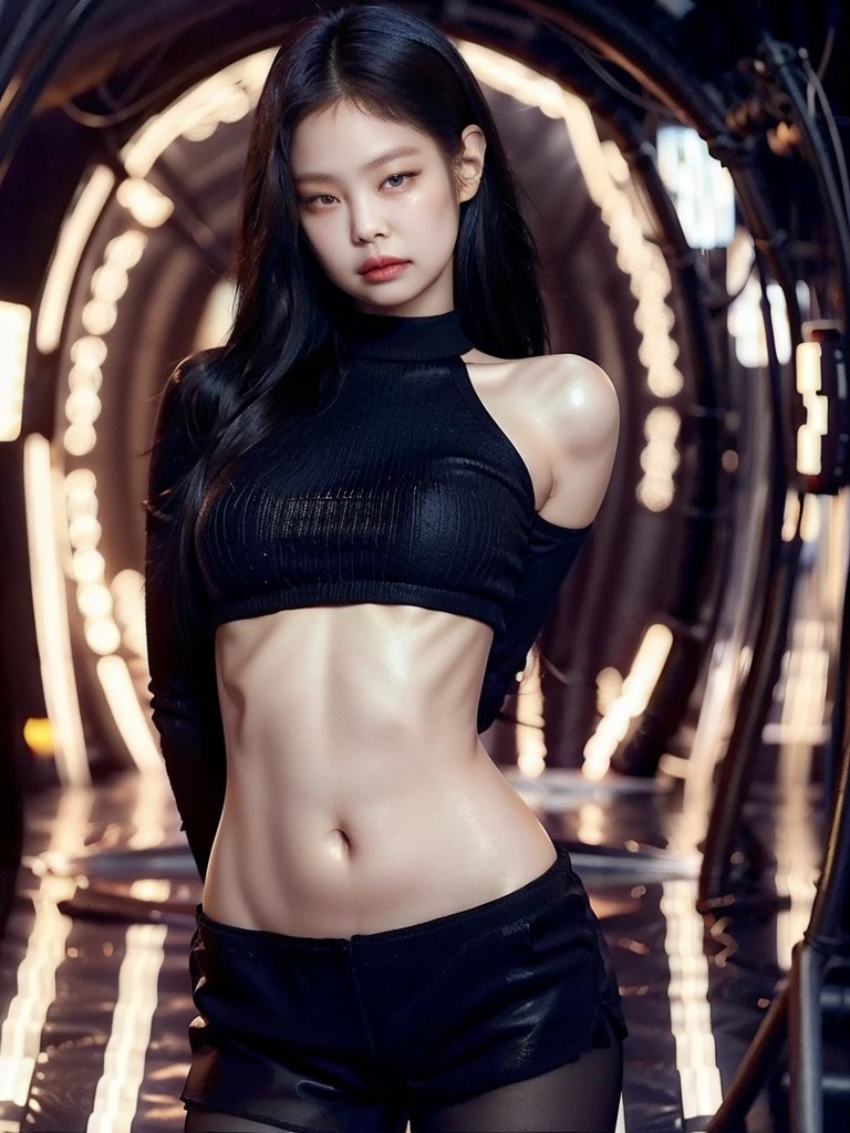 Kim Jennie, wearing a tight black croptop sweater with long sleeves, short black hot pants, sexy pose, showing off the beauty of her body, big breasts