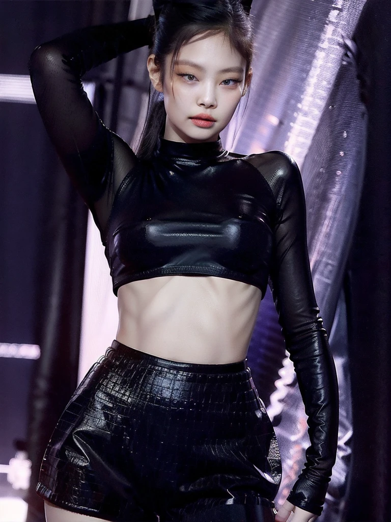 Kim Jennie, wearing a tight black croptop sweater with long sleeves, short black hot pants, sexy pose, showing off the beauty of her body, big breasts