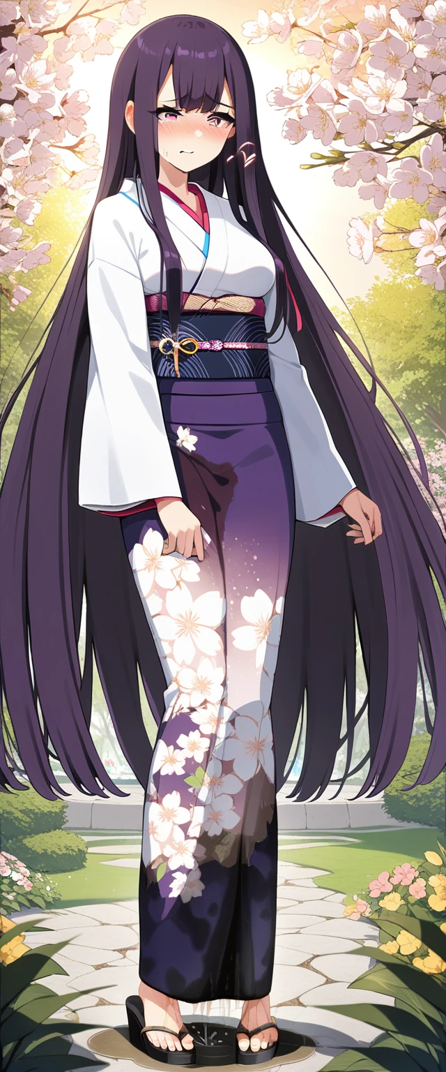 (masterpiece:1.37), best quality, (extremely detailed:1.37), (1girl:1.5), woman, (mature:1.5), (adult:1.5), large breasts, very long hair, (straight hair:1.5), (very dark purple hair:1.5), purple eyes, (extremely detailed eyes:1.37), (furisode:2.0), desperation, (wetting self:1.5), standing, embarrassed, humiliation, blushing, angry, cherry blossoms, garden, (golden hour:1.5), full body