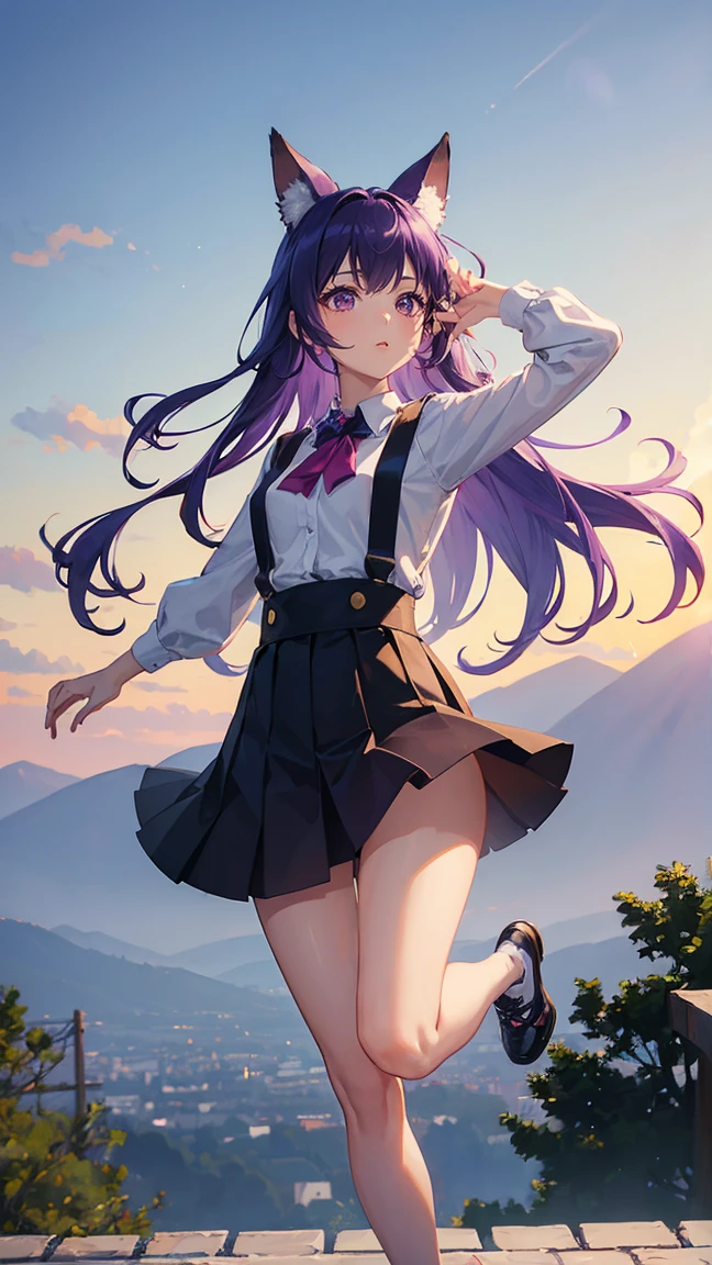 (Highest quality), (masterpiece), 1 Girl,Purple Hair,long hair,Fox Ears,Adult women,彼女はrunningしながらジャンプしている,Jumping,running,Outdoor、 She is wearing a suspender top, Fair skin, sunny, Full body photo,(Bright Eyes), (Iris),Very detailed,(single), sweet, Open background,Simple Background