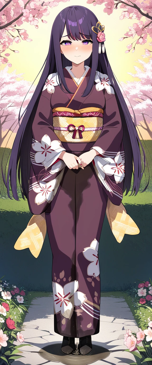 (masterpiece:1.37), best quality, (extremely detailed:1.37), (1girl:1.5), woman, (mature:1.5), (adult:1.5), large breasts, very long hair, (straight hair:1.5), (very dark purple hair:1.5), purple eyes, (extremely detailed eyes:1.37), (furisode:2.0), desperation, (wetting self:1.5), standing, embarrassed, humiliation, blushing, angry, cherry blossoms, garden, (golden hour:1.5), full body