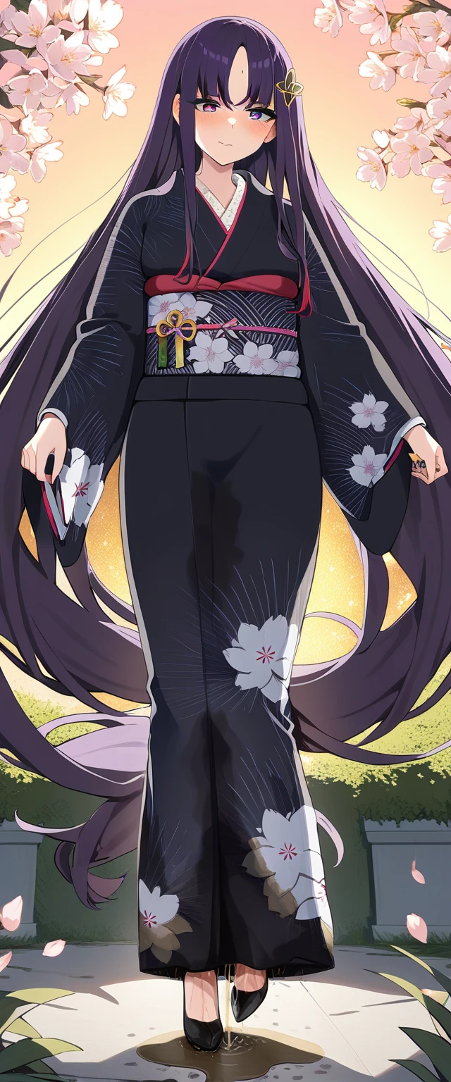 (masterpiece:1.37), best quality, (extremely detailed:1.37), (1girl:1.5), woman, (mature:1.5), (adult:1.5), large breasts, very long hair, (straight hair:1.5), (very dark purple hair:1.5), purple eyes, (extremely detailed eyes:1.37), (furisode:2.0), desperation, (wetting self:1.5), standing, embarrassed, humiliation, blushing, angry, cherry blossoms, garden, (golden hour:1.5), full body