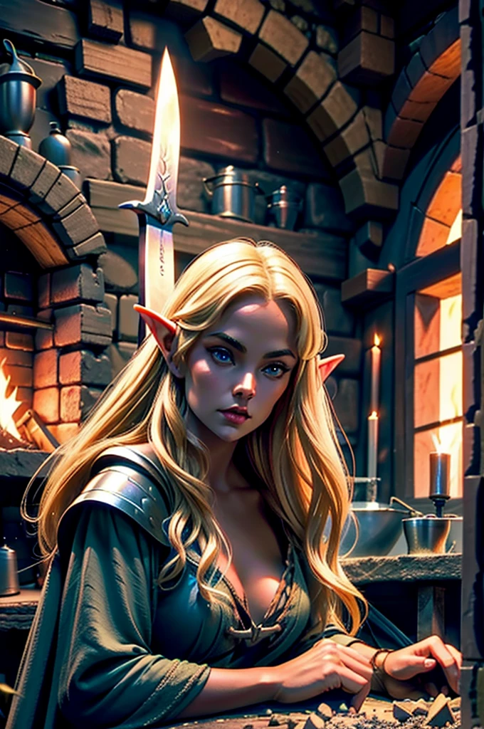 A dark blonde elven woman working at a forge, striking a sword at an anvil. A dark blonde elven woman blacksmith working at her forge, delicate defined elven features
