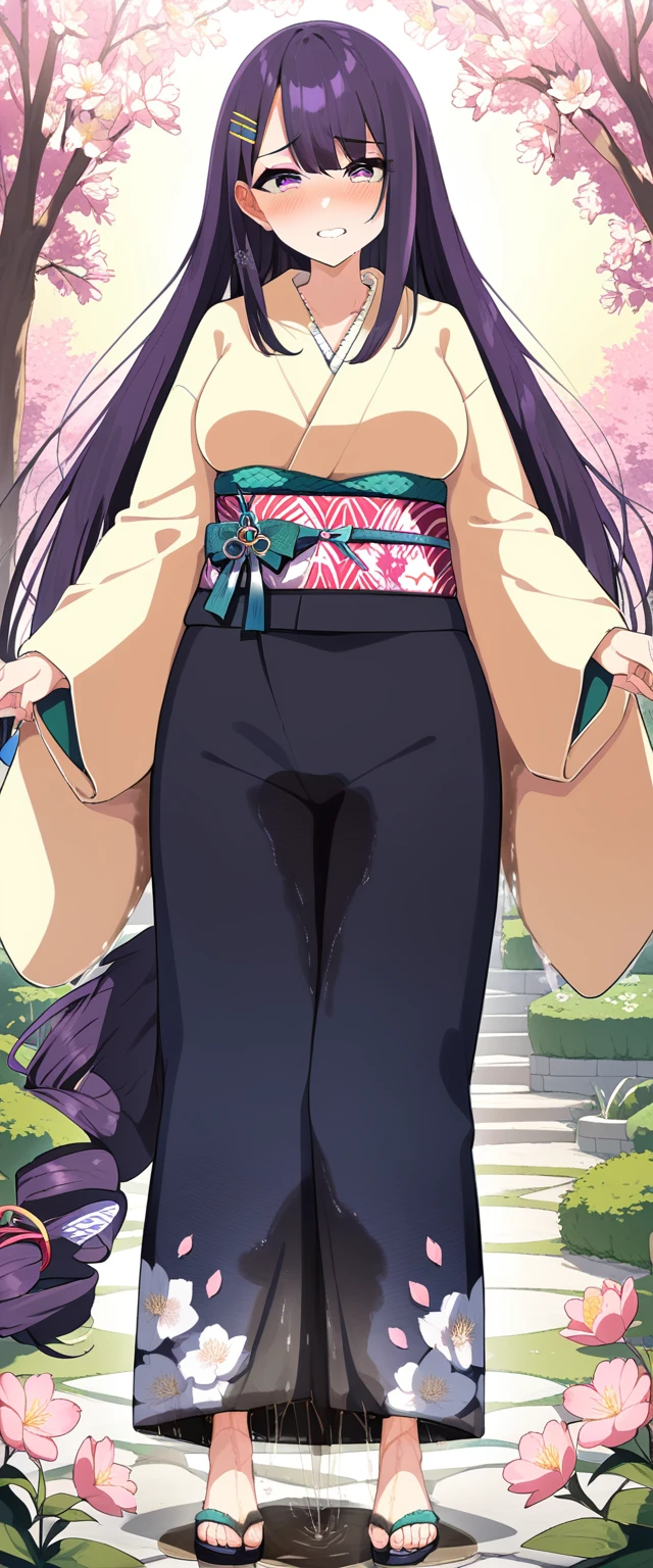 (masterpiece:1.37), best quality, (extremely detailed:1.37), (1girl:1.5), woman, (mature:1.5), (adult:1.5), large breasts, very long hair, (straight hair:1.5), (very dark purple hair:1.5), purple eyes, (extremely detailed eyes:1.37), (furisode:2.0), desperation, (wetting self:2.0), standing, embarrassed, humiliation, blushing, angry, cherry blossoms, garden, (golden hour:1.5), full body