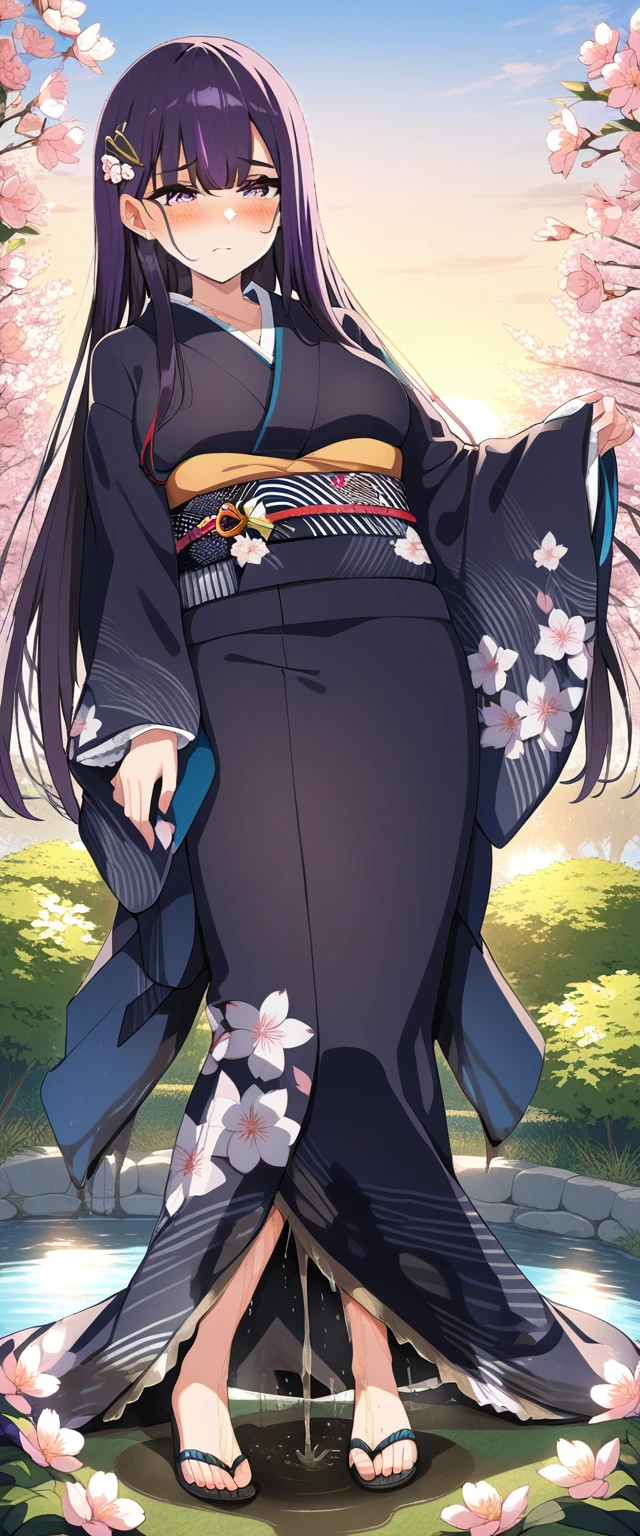 (masterpiece:1.37), best quality, (extremely detailed:1.37), (1girl:1.5), woman, (mature:1.5), (adult:1.5), large breasts, very long hair, (straight hair:1.5), (very dark purple hair:1.5), purple eyes, (extremely detailed eyes:1.37), (furisode:2.0), desperation, (wetting self:1.5), standing, embarrassed, humiliation, blushing, angry, cherry blossoms, garden, (golden hour:1.5), full body