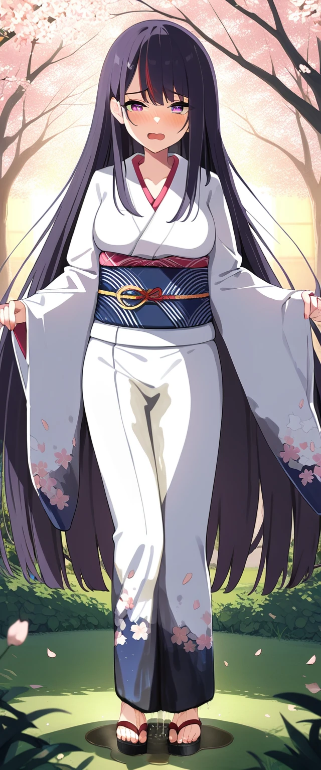 (masterpiece:1.37), best quality, (extremely detailed:1.37), (1girl:1.5), woman, (mature:1.5), (adult:1.5), large breasts, very long hair, (straight hair:1.5), (very dark purple hair:1.5), purple eyes, (extremely detailed eyes:1.37), (furisode:2.0), desperation, (wetting self:1.5), standing, embarrassed, humiliation, blushing, angry, cherry blossoms, garden, (golden hour:1.5), full body