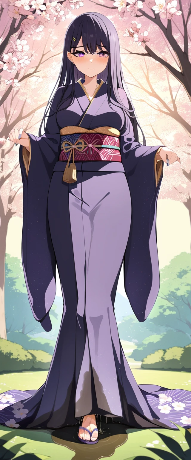 (masterpiece:1.37), best quality, (extremely detailed:1.37), (1girl:1.5), woman, (mature:1.5), (adult:1.5), large breasts, very long hair, (straight hair:1.5), (very dark purple hair:1.5), purple eyes, (extremely detailed eyes:1.37), (furisode:2.0), desperation, (wetting self:1.5), standing, embarrassed, humiliation, blushing, angry, cherry blossoms, garden, (golden hour:1.5), full body