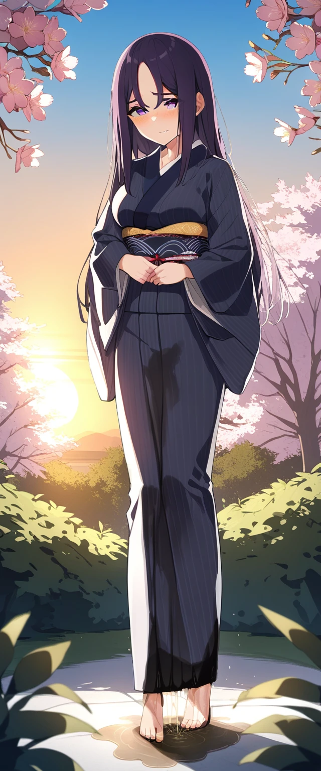 (masterpiece:1.37), best quality, (extremely detailed:1.37), (1girl:1.5), woman, (mature:1.5), (adult:1.5), large breasts, very long hair, (straight hair:1.5), (very dark purple hair:1.5), purple eyes, (extremely detailed eyes:1.37), (furisode:2.0), desperation, (wetting self:1.5), standing, embarrassed, humiliation, blushing, angry, cherry blossoms, garden, (golden hour:1.5), full body