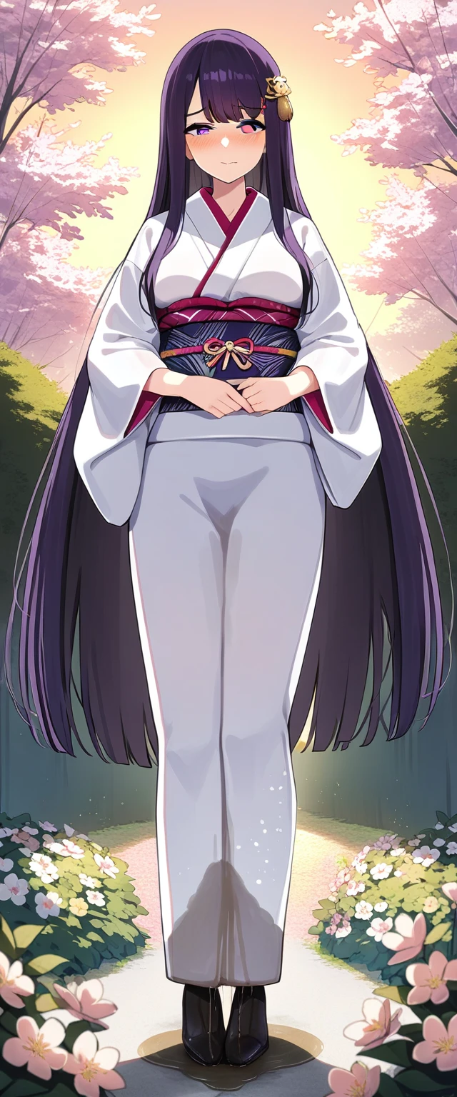 (masterpiece:1.37), best quality, (extremely detailed:1.37), (1girl:1.5), woman, (mature:1.5), (adult:1.5), large breasts, very long hair, (straight hair:1.5), (very dark purple hair:1.5), purple eyes, (extremely detailed eyes:1.37), (furisode:2.0), desperation, (wetting self:2.0), standing, embarrassed, humiliation, blushing, angry, cherry blossoms, garden, (golden hour:1.5), full body